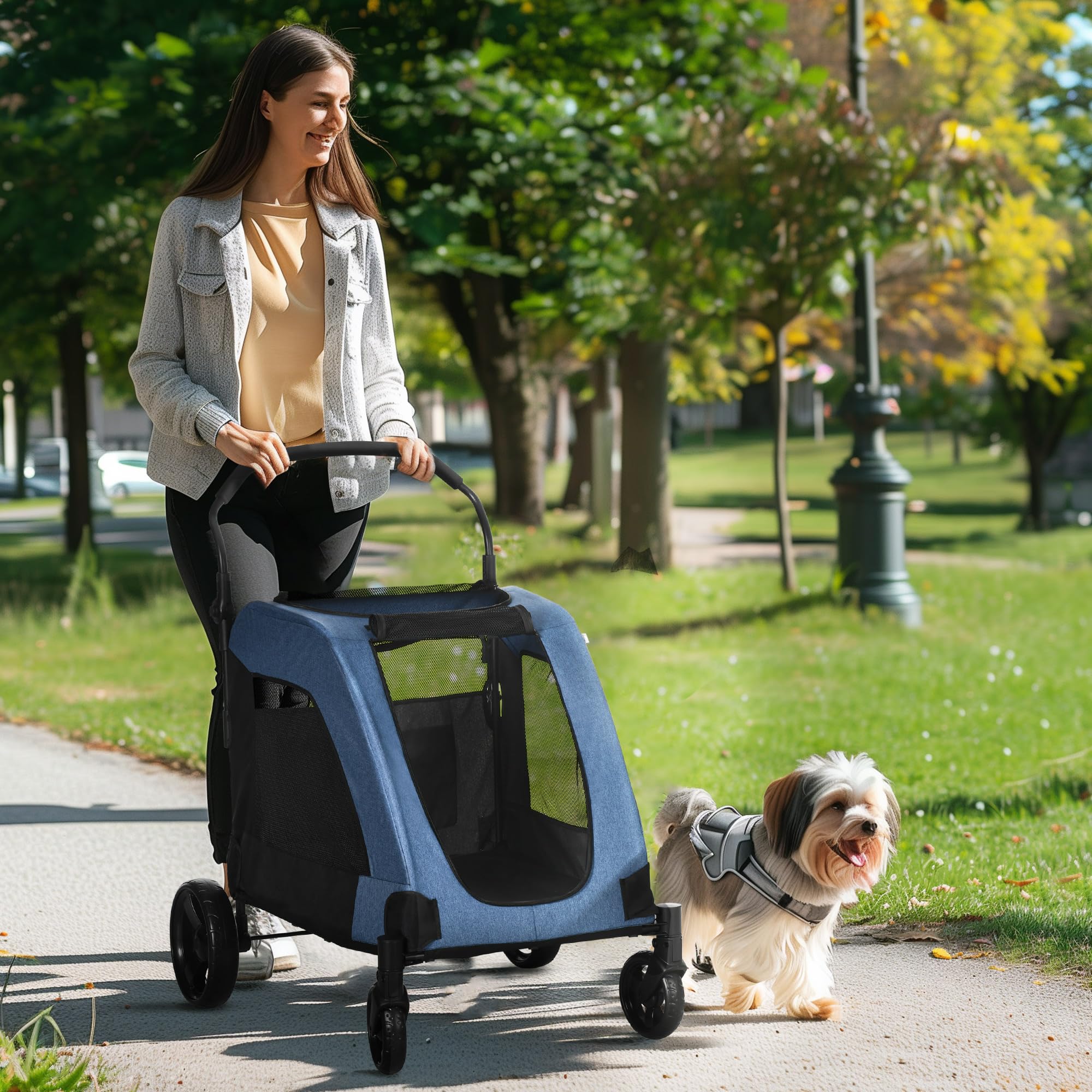 PawHut 4-Wheel Folding Pet Stroller for Medium & Large Dogs - Universal Wheels, Storage Basket & Safety Leash - Blue | Perfect for Outdoor Walks, Vet Visits & Shopping Trips