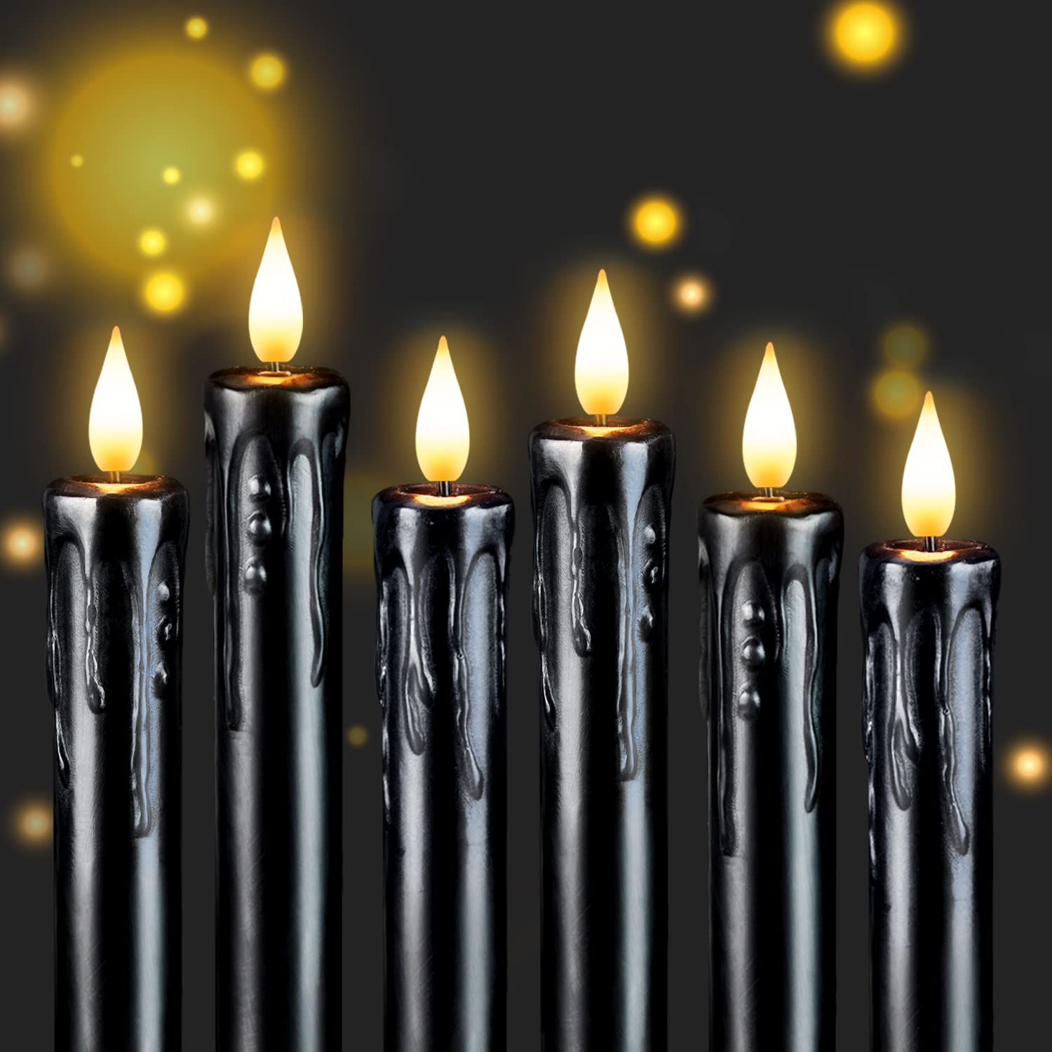 Homemory Black Flameless Taper Candles with Remote & Timer - Real Wax LED Battery Operated Candles (6 Pack, 9.6 Inches) - Flickering LED Candle Sticks for Halloween, Christmas, Wedding, Dinner Party & Home Decor