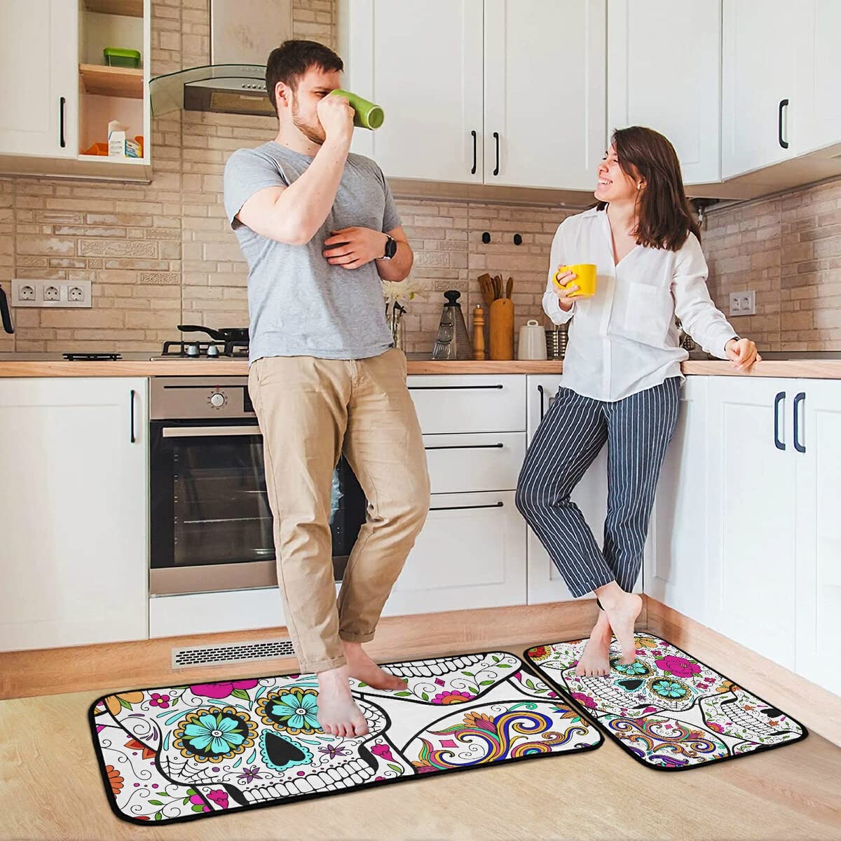 Day of the Dead Sugar Skulls Kitchen Rugs Set - 2 Piece Non-Slip Washable Runner Mats for Kitchen Floor, Home Decor, Laundry Room | Durable & Stylish for Halloween, Mexican Theme Parties & Cultural Home Decor