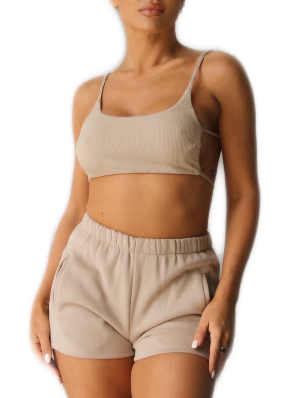 Sexy Plush Lounge Set for Women - Soft Ribbed Backless Bralette & Matching Mini Sweat Shorts | Cozy Loungewear for Home, Sleep & Relaxation