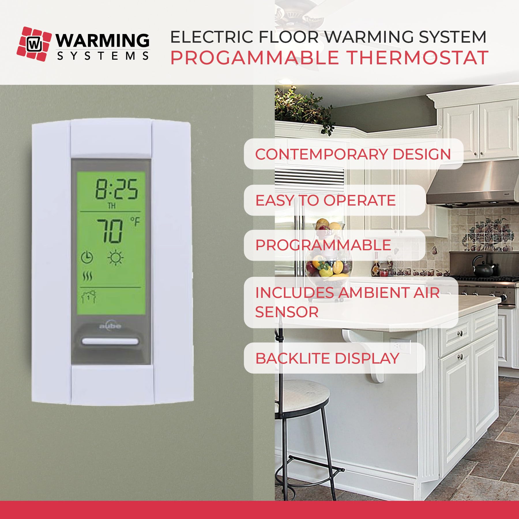 80 Sqft 240V Electric Radiant Floor Heating Kit with Programmable Thermostat - Under Tile Heating System for Bathroom, Kitchen & Basement - Includes Heating Cable, Sensor & Installation Accessories