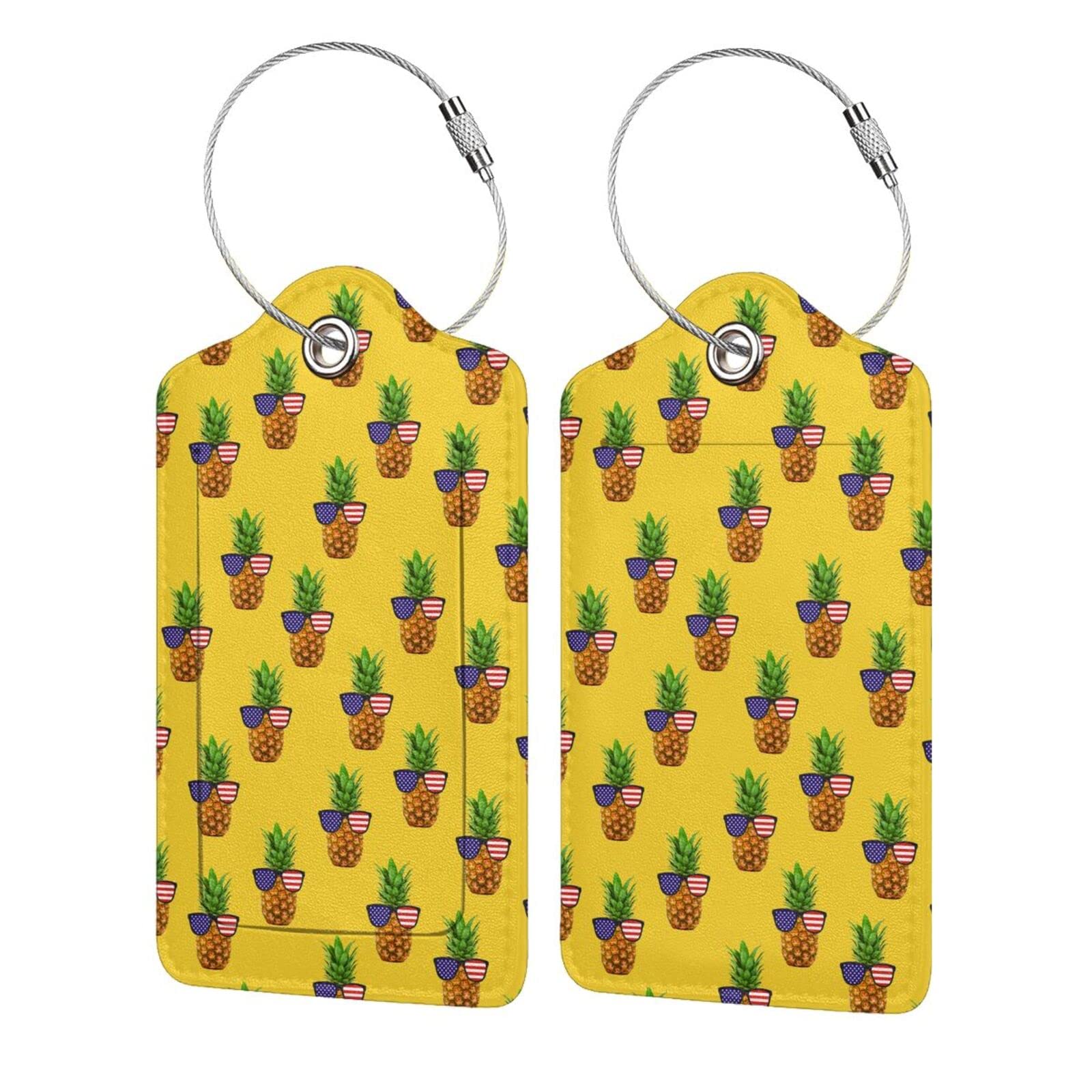 2 Pack Funny American Flag Pineapple Luggage Tags - PU Leather Travel Baggage Tags with Stainless Steel Loop & Privacy Cover - Stylish ID Label for Suitcases, Backpacks & Carry-Ons - Perfect Gift for Women, Men & Kids - Great for Vacations, Business Trips & Cruise Travel