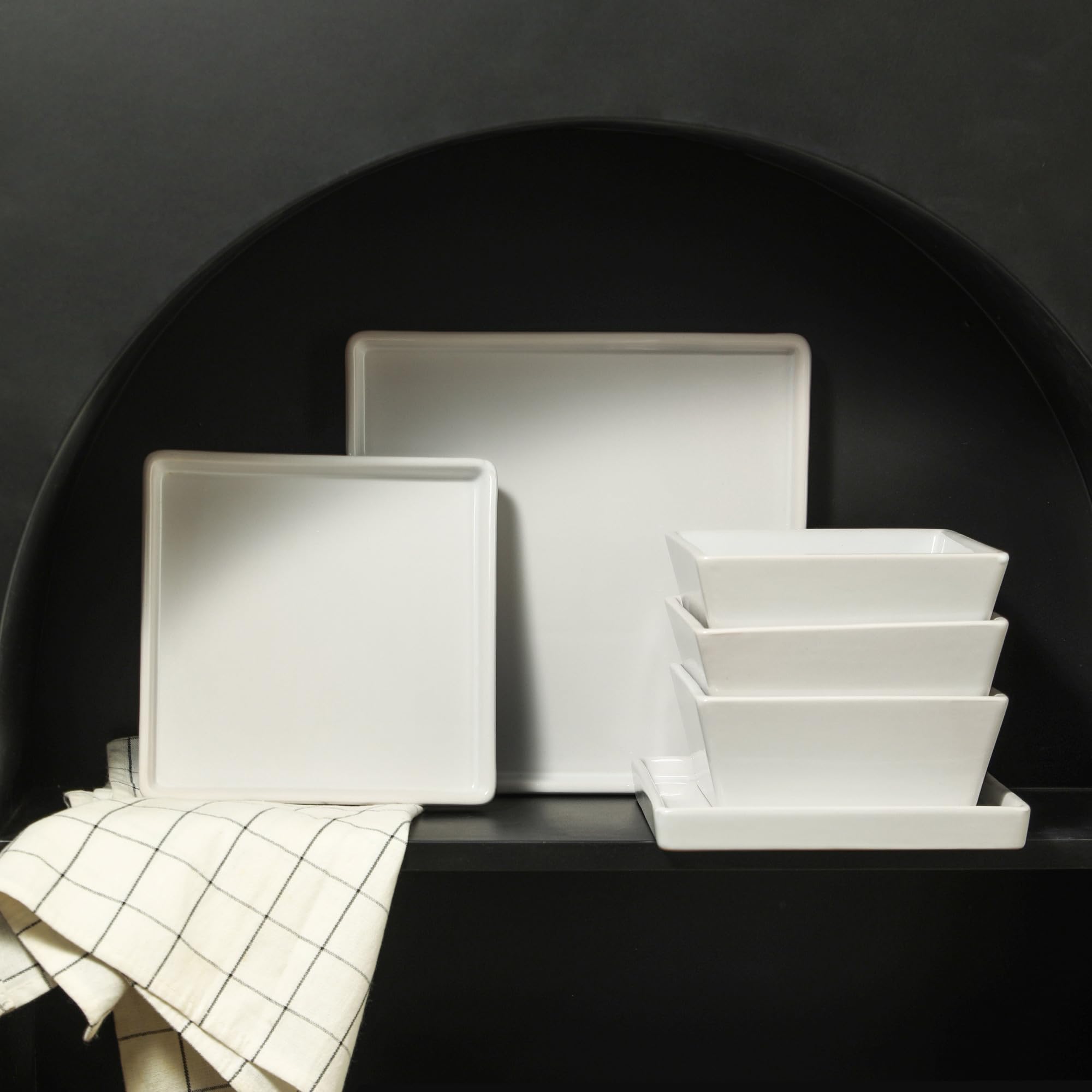 Premium 12-Piece Stoneware Dinnerware Set for 4 - White Square Plates & Bowls - Durable Stone Lain Grace Collection - Perfect for Everyday Dining, Dinner Parties & Restaurant Use