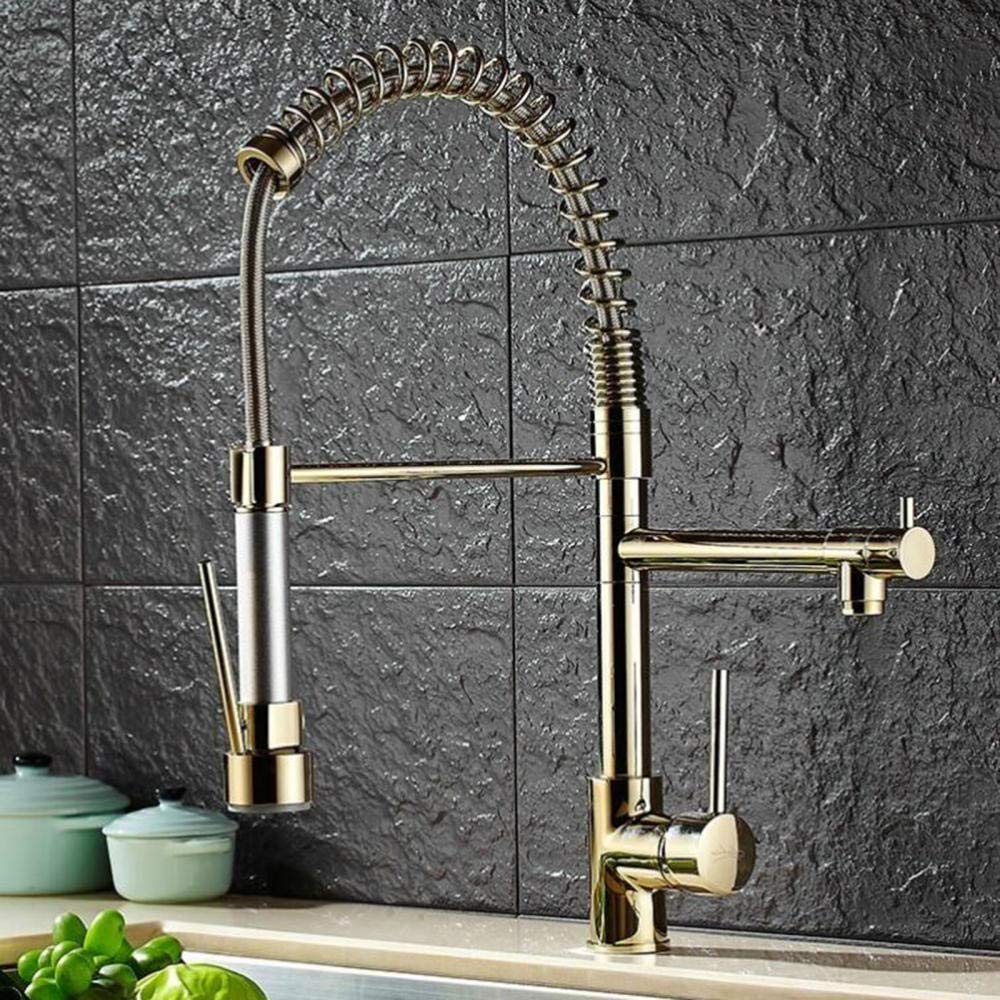 Premium Gold Kitchen Faucet with Hot & Cold Water - Rotating Double Outlet Brass Sink Tap, Single Hole Easy Installation - Perfect for Modern Kitchens, Restaurants & RV Use