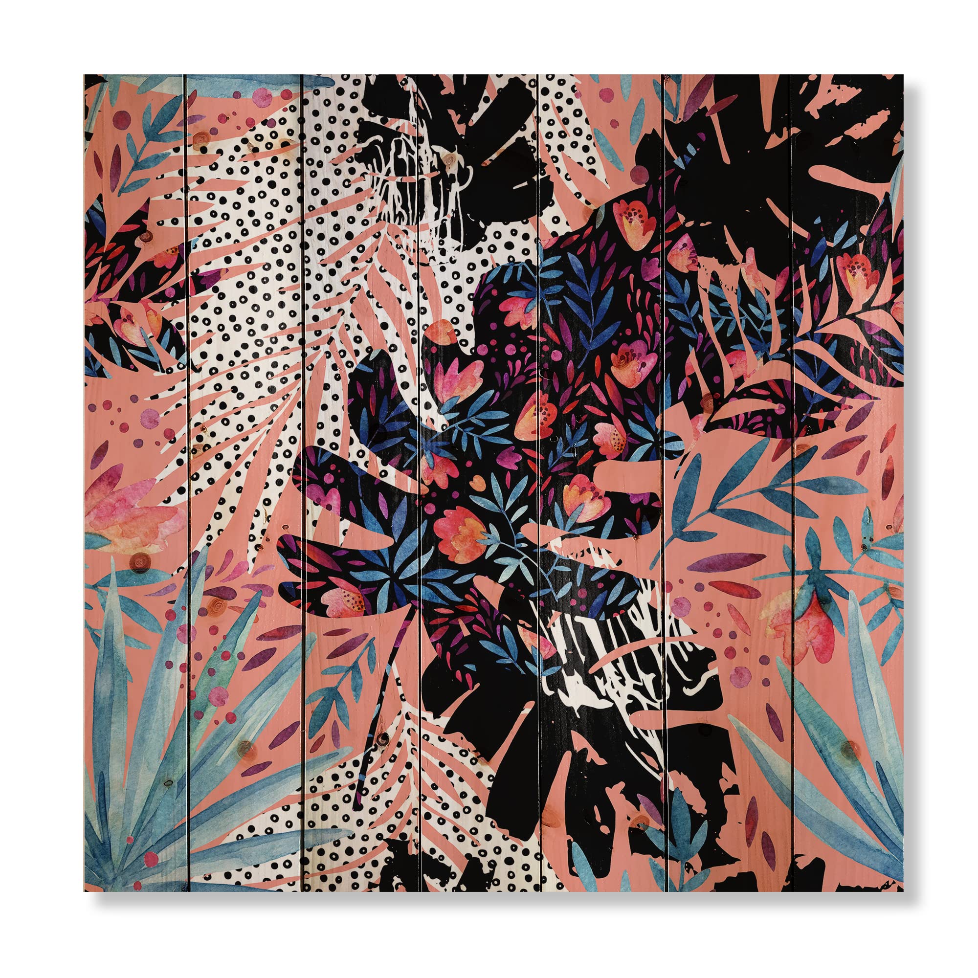 DesignQ Tropical Floral Patchwork Wood Wall Decor - Black Wood Art Panel with Large Floral Print on Natural Pine - Perfect for Living Room, Bedroom & Boho Home Decor