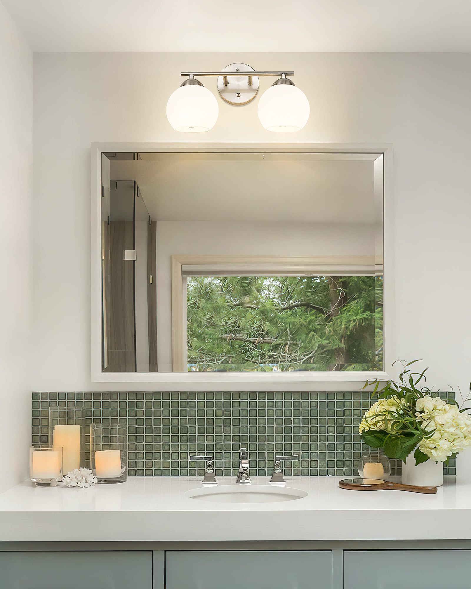 Emak Modern Globe Vanity Lights - Brushed Nickel Bathroom Light Fixtures with Milk Glass Shade, 2-Light Bathroom Vanity Lighting for Bathroom, Bedroom & Dressing Room Makeup Area