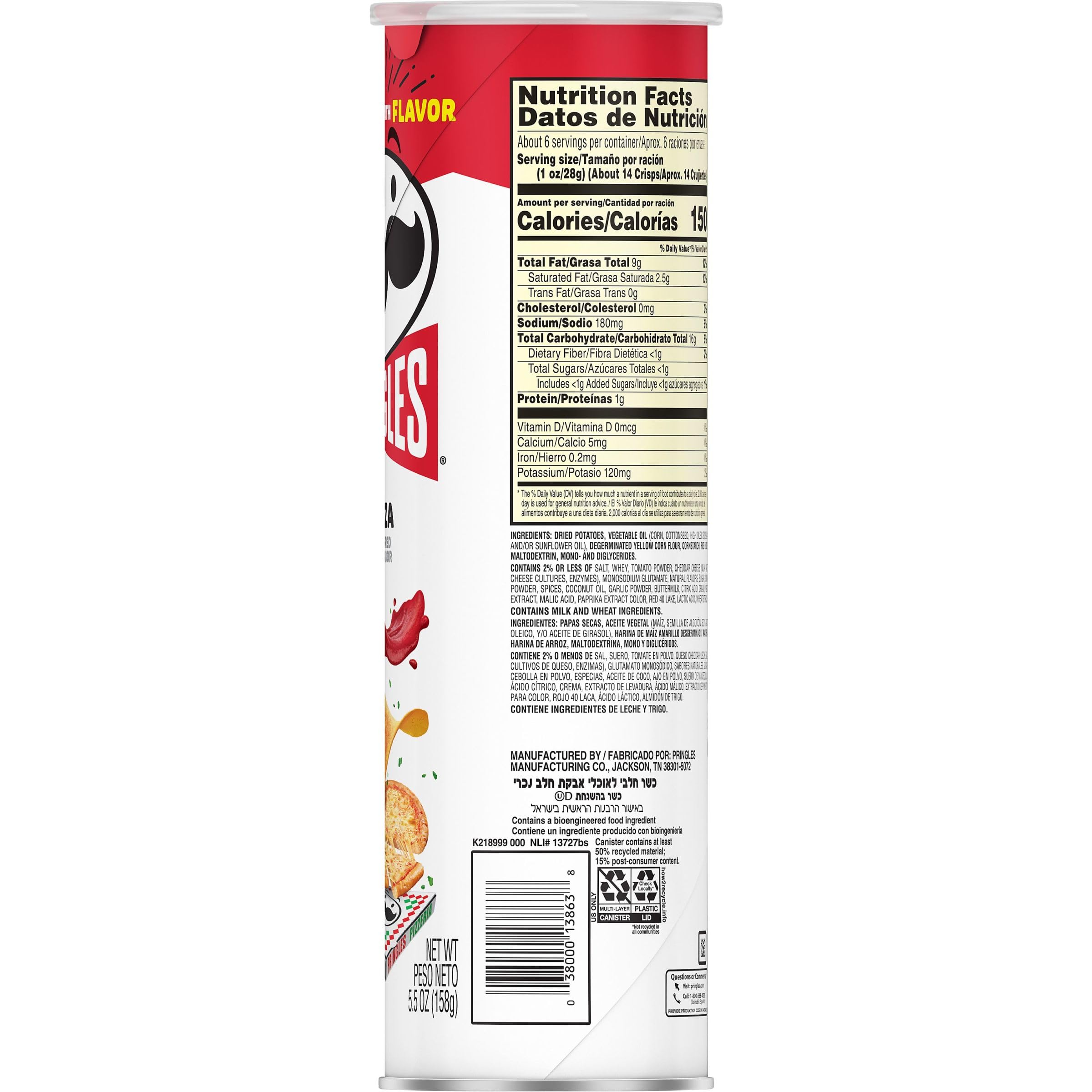 Pringles Potato Crisps Chips - Pizza Flavor, 5.5oz Can (Pack of 1) - Crunchy Lunch Snacks & On-The-Go Treats for Office, School, or Road Trips
