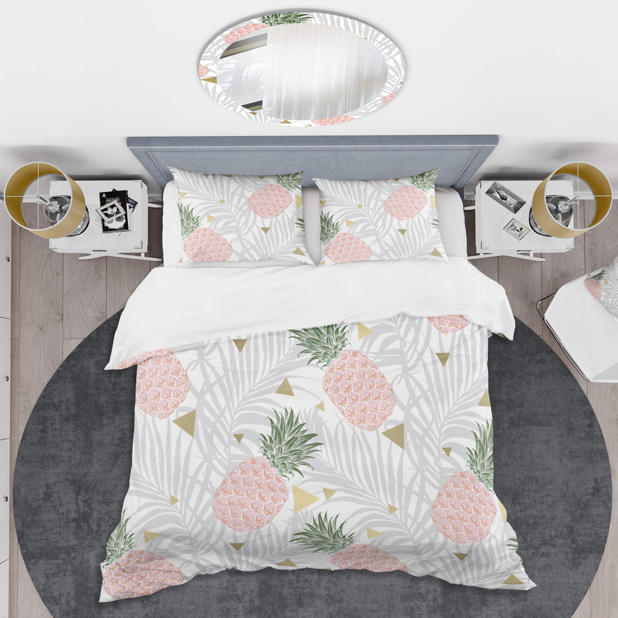 DesignQ Pineapple on Tropical Leaves Mid-Century Modern Duvet Cover Set - King Size 3-Piece Bedding Set in Pink, All-Season Comfort for Master Bedroom & Guest Room Decor