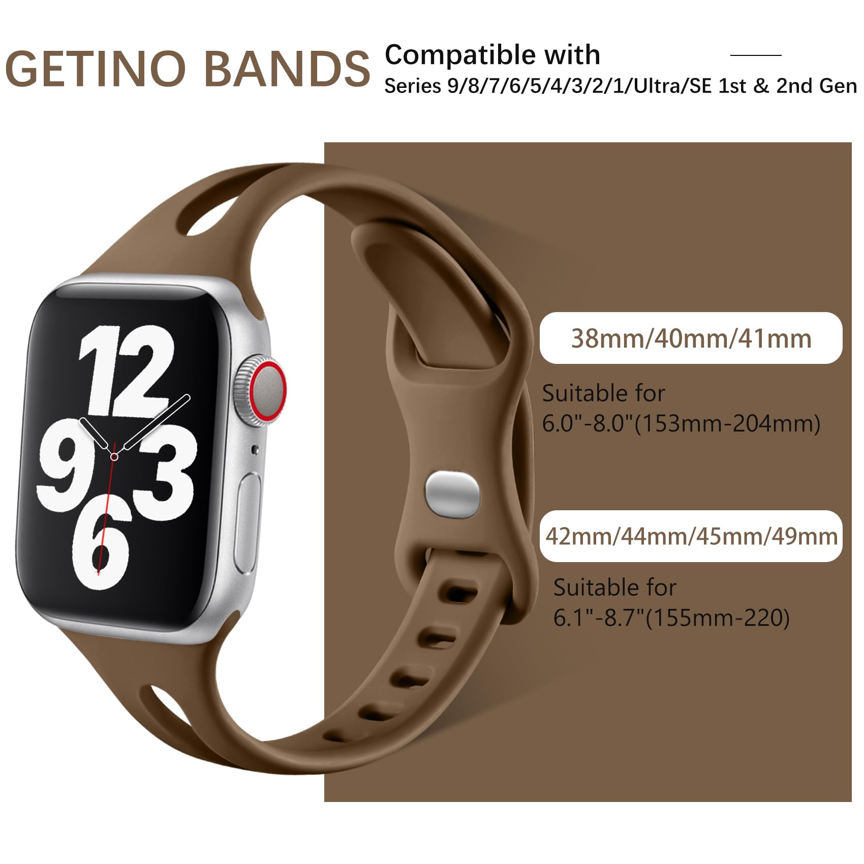 Getino Compatible with Apple Watch Band 40mm 38mm 41mm 44mm 42mm - Soft Silicone Sport Strap for iWatch Series 10/9/8/7/6/5/4/3/2/1/SE - Thin Lightweight Durable Design for Women & Men (Black/Dark Brown/Starlight/Milk Tea) - Perfect for Running, Gym & Everyday Wear
