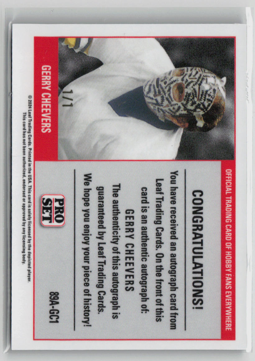 2024 Pro Set Gerry Cheevers 1/1 Autograph #89A GC1 - Rare Hockey Collectible for Fans & Memorabilia Enthusiasts - Perfect for Display, Investment & Sports Collections