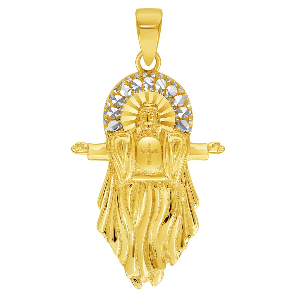 14K Yellow Gold Jesus Christ Open Arms Pendant Necklace with Cable, Curb & Figaro Chain Options - Perfect for Religious Gifts, Baptisms & Faith Jewelry