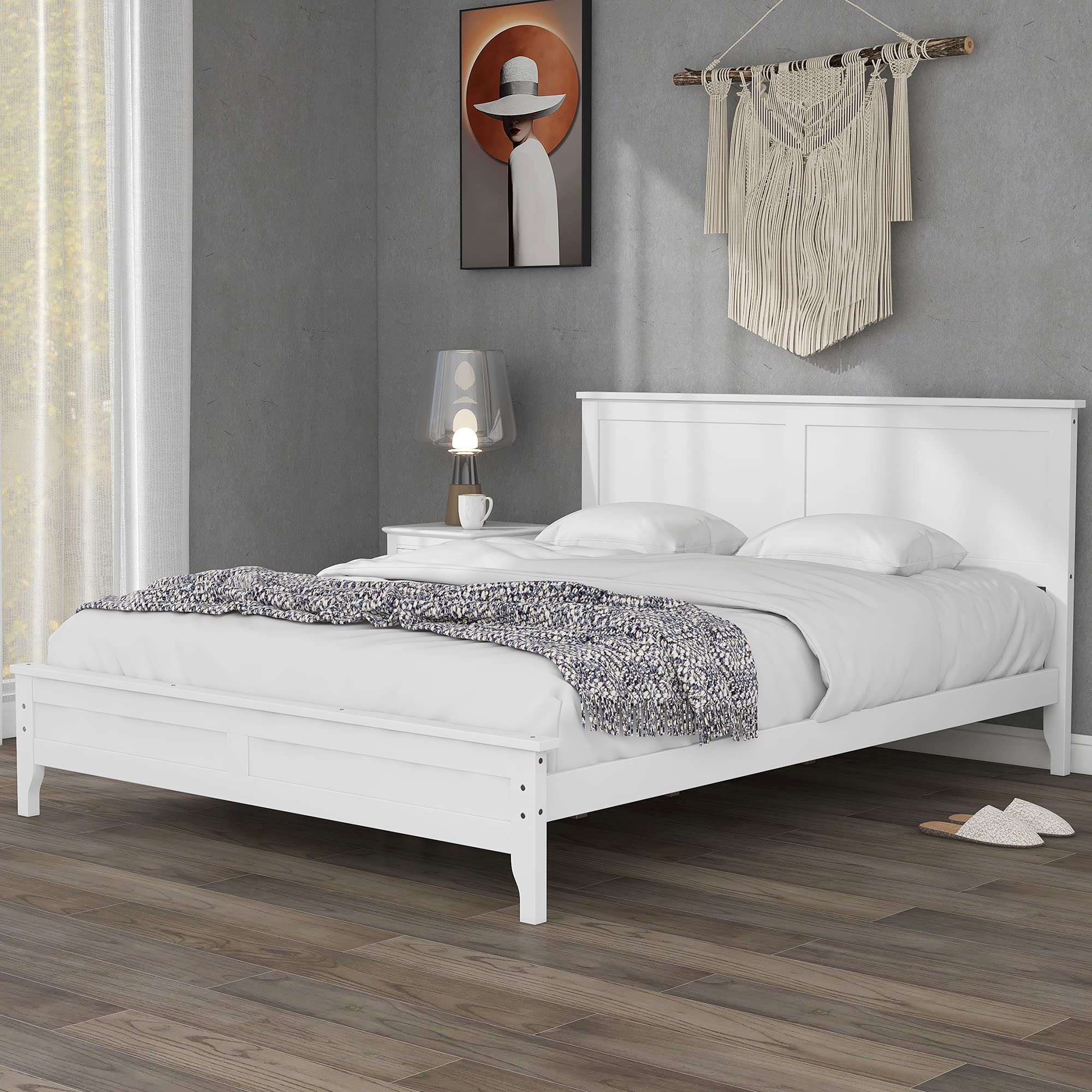 Modern Queen Bed Frame Solid Wood Platform Bed with Headboard - No Box Spring Needed, Easy Assembly, Noise-Free Wood Slats - Perfect for Bedrooms, Guest Rooms & Apartments (Queen Size, White)