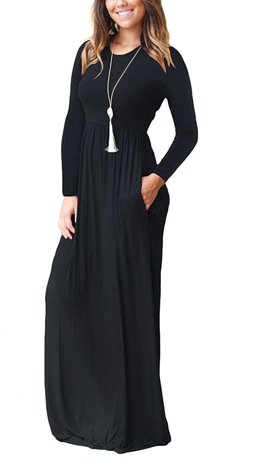 MISFAY Women's Long Sleeve Maxi Dress with Pockets - Loose Fit Casual Plain Dress for Everyday Wear, Beach, Travel & Date Night