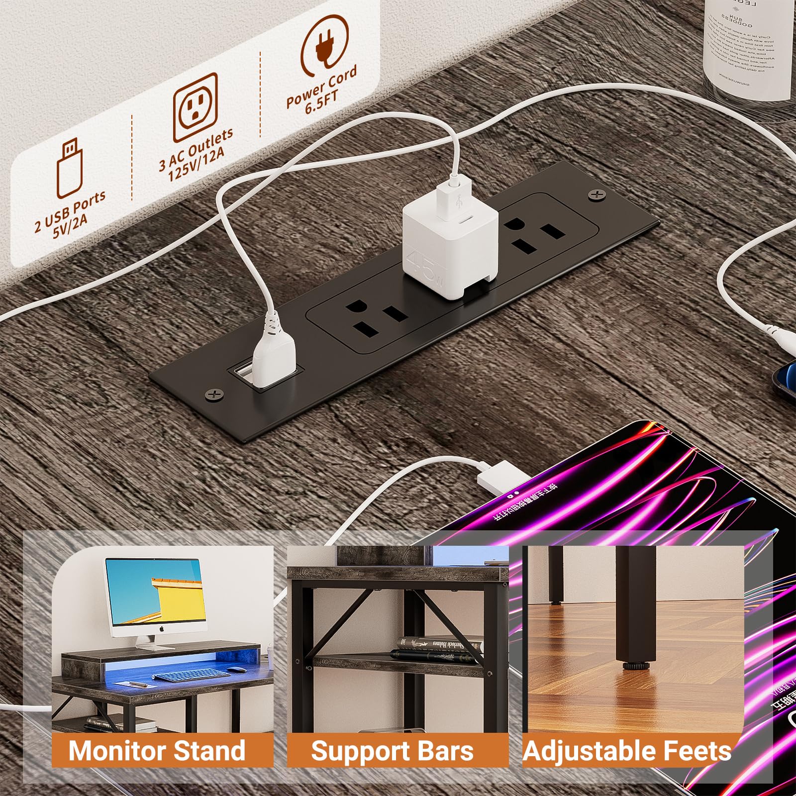 Unikito Reversible L-Shaped Desk with Power Outlets & RGB LED Lighting - Ergonomic Computer Desk with Monitor Stand & Storage Shelves - Black Oak Home Office Corner Desk (Easy Assembly) - Perfect for Gaming Setup, Remote Work & Small Space Solutions