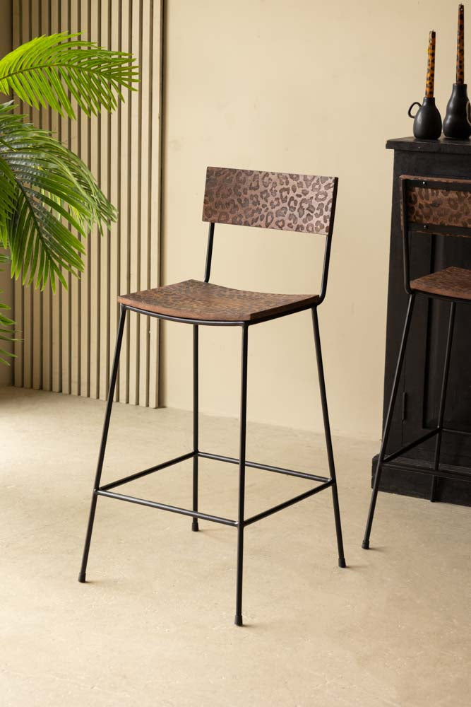Natural Leopard Print Bar Stool - Modern Faux Leather Counter Height Stool for Kitchen, Dining Room & Home Bar Decor