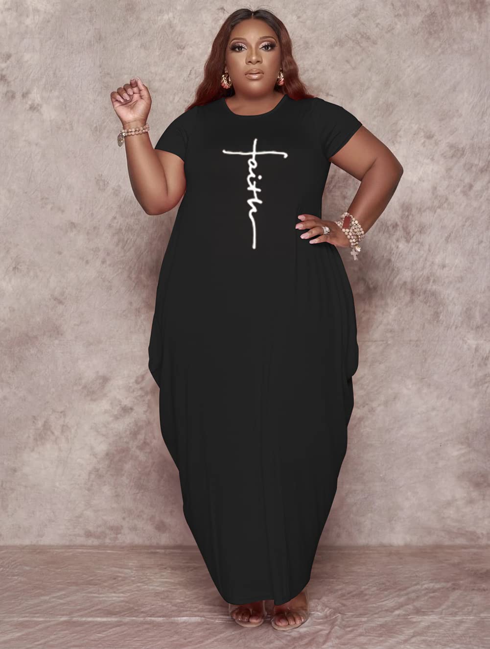 Fooullaide Women's Plus Size Casual Summer Dress - Short Sleeve V-Neck Loose Oversize Flowy Long T-Shirt Dress with Pockets | Perfect for Beach, Vacation & Everyday Wear