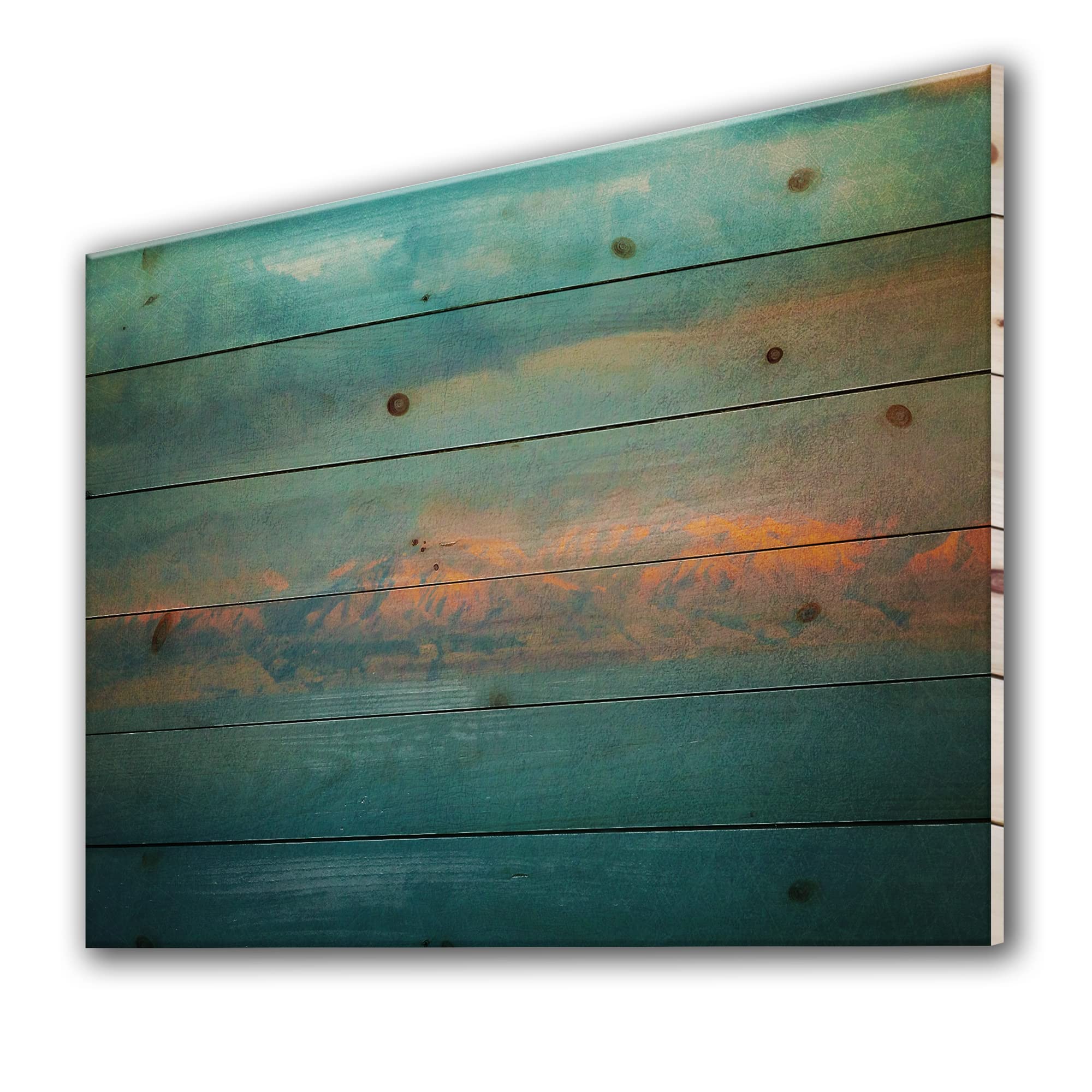 DesignQ Glowing Mountains Over Sea Textured Vintage Wood Wall Art - Modern & Contemporary Blue Abstract Wood Panel Decor Printed on Natural Pine - Perfect for Living Room, Bedroom & Office Wall Decor