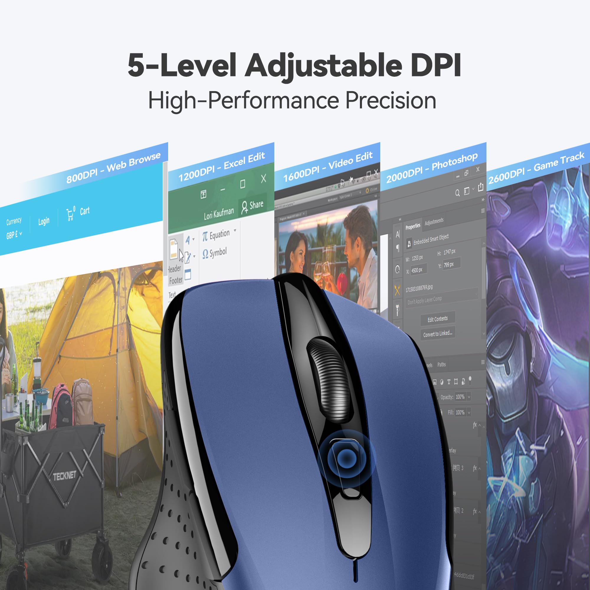 TECKNET Wireless Mouse, 2.4G Ergonomic Optical Mouse with 6 Buttons & 2600 DPI - 24 Months Battery Life, 5 DPI Adjustment Levels - Perfect for Laptop, PC, Chromebook, Notebook - Ideal for Office Work, Gaming & Travel Use