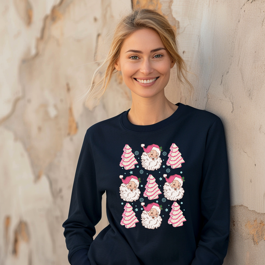 Christmas Santa Cake Graphic Long Sleeve T-Shirt for Men & Women - Holiday Party, Gift Exchange & Festive Family Gatherings