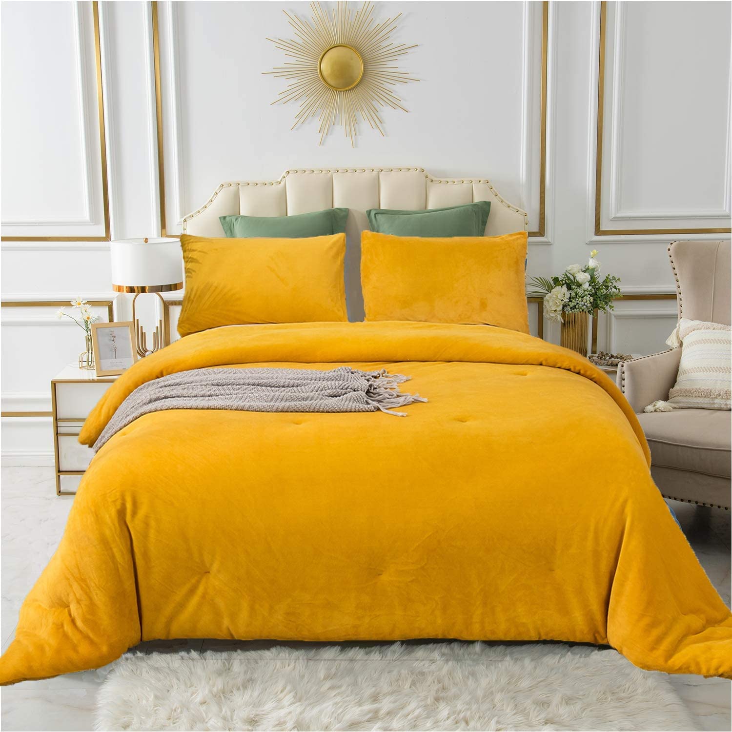 Mustard Yellow Velvet Comforter Set Queen - Plush Flannel & Sherpa Lined Winter Bedding - Heavyweight Micromink Warm Comforter for Women, Men, Adults & Teens - Perfect for Cozy Bedrooms & Cold Weather Nights