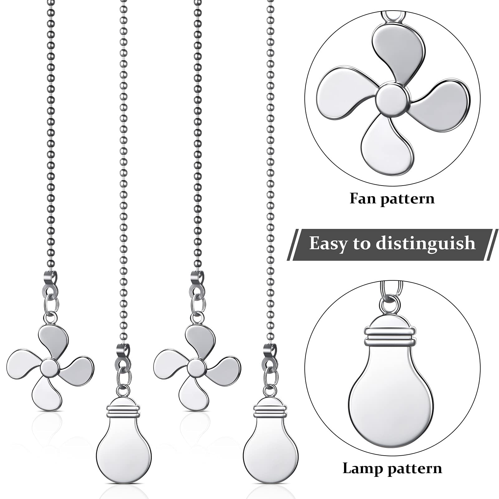 12 Inch Decorative Ceiling Fan Pull Chain Extension - Silver Pull Chain Extender with Fan & Light Bulb Connector (4 Pack) - Perfect for Bedroom, Living Room & Home Decor