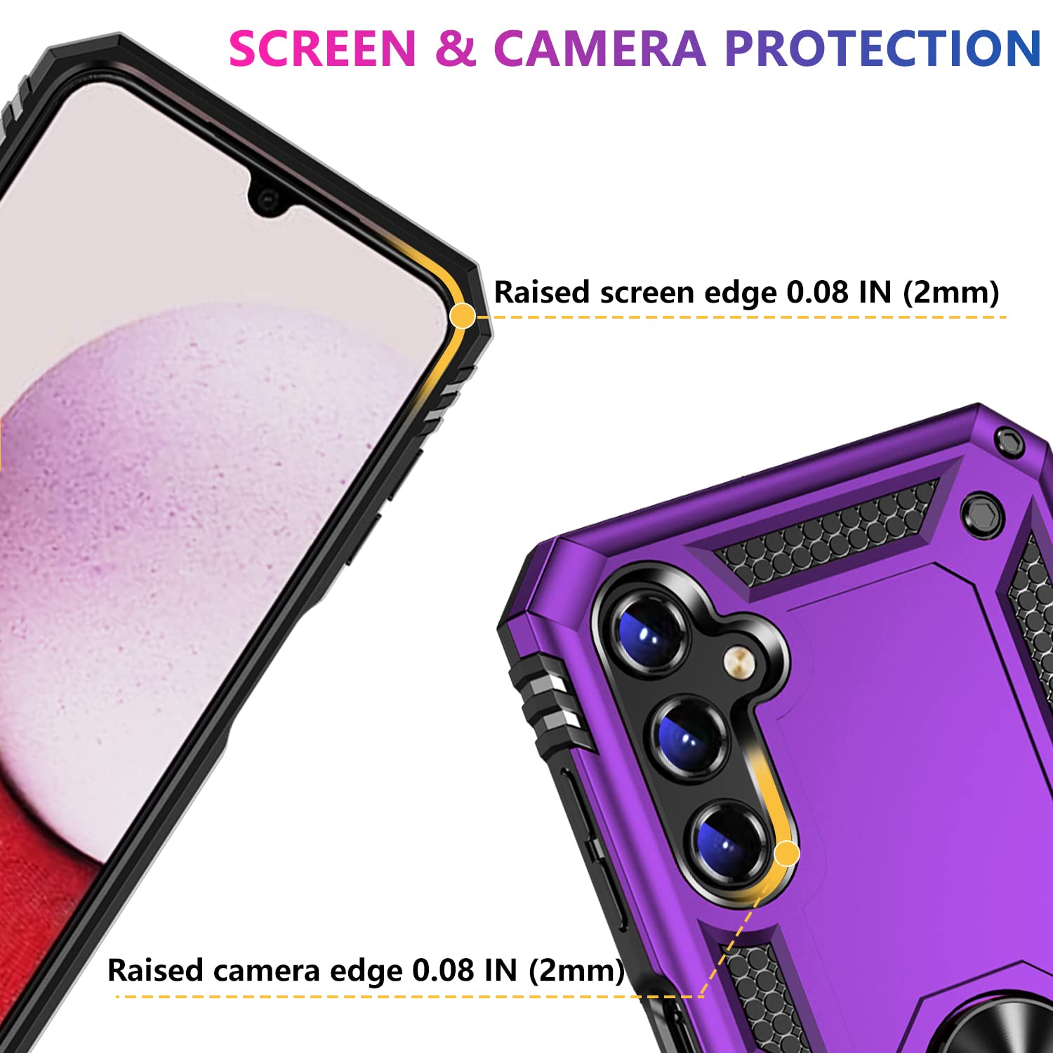 Samsung Galaxy A14 5G Case with Screen Protector (2 Pack) - Military Grade Shockproof Phone Cover, Magnetic Ring Kickstand, 16ft Drop Tested - Purple | Perfect for Outdoor Activities, Travel & Daily Protection