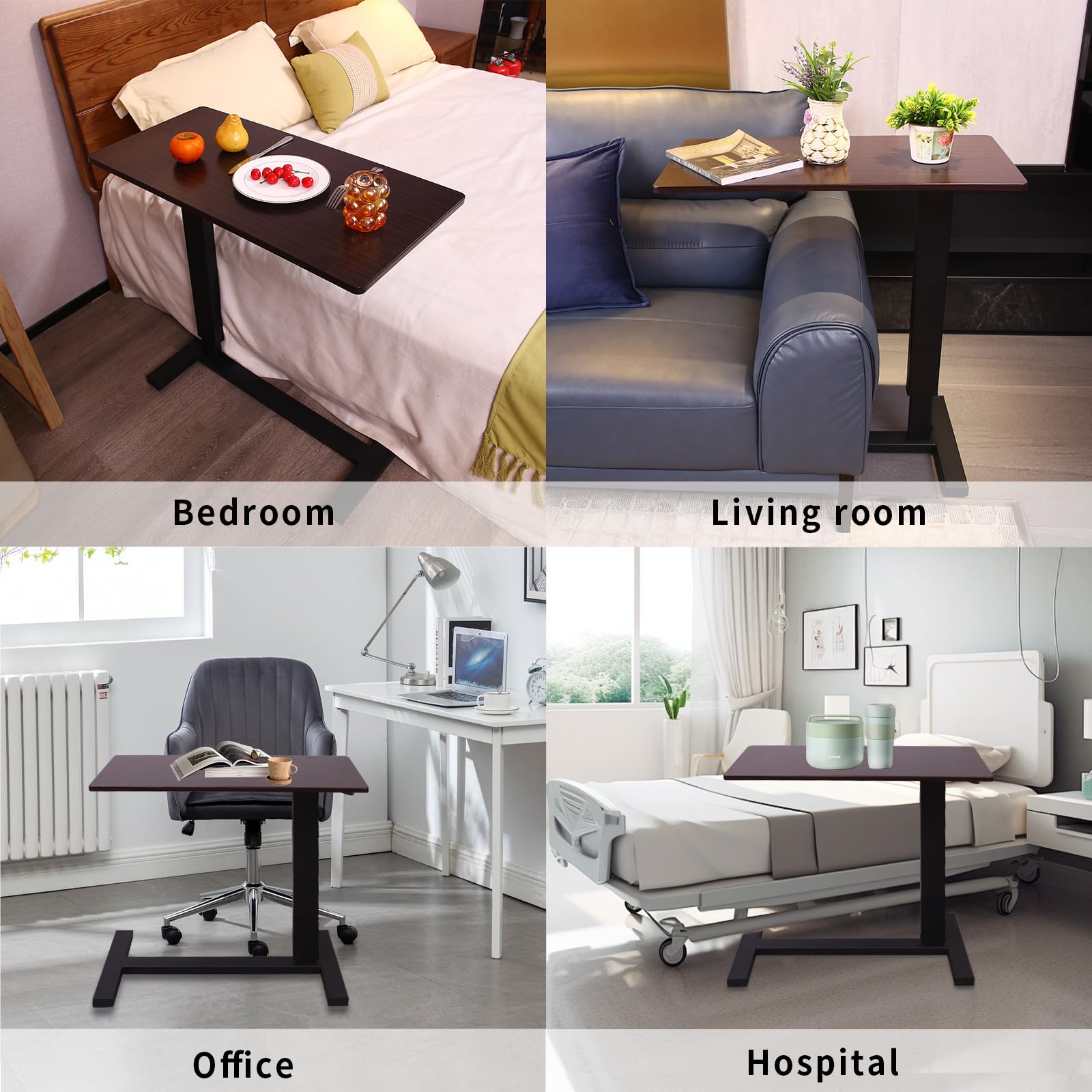 Adjustable Overbed Bedside Table with Swivel Wheels & Pneumatic Height Adjustment - Mobile Workstation for Home, Hospital & Office Use - Black Walnut Finish for Bedroom, Patient Care & Workspace Convenience
