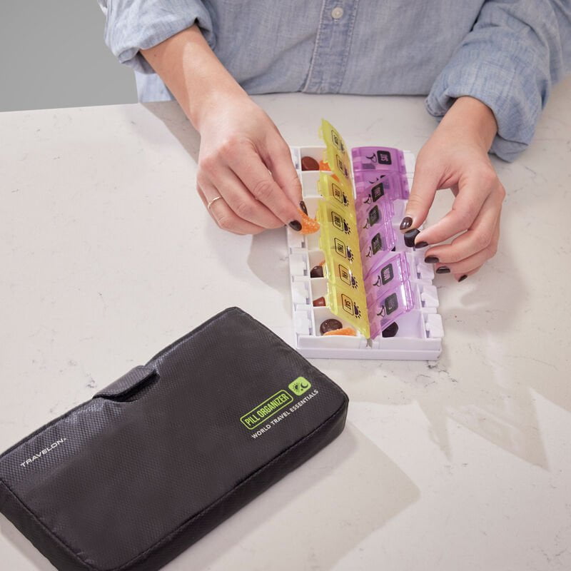 Travelon 7-Day AM/PM Push Button Pill Organizer - Portable Medication Case for Travel, Work & Daily Use - Compact Weekly Pill Box with Secure Locking Compartments (Perfect for Business Trips, Vacations & Home Medication Storage)