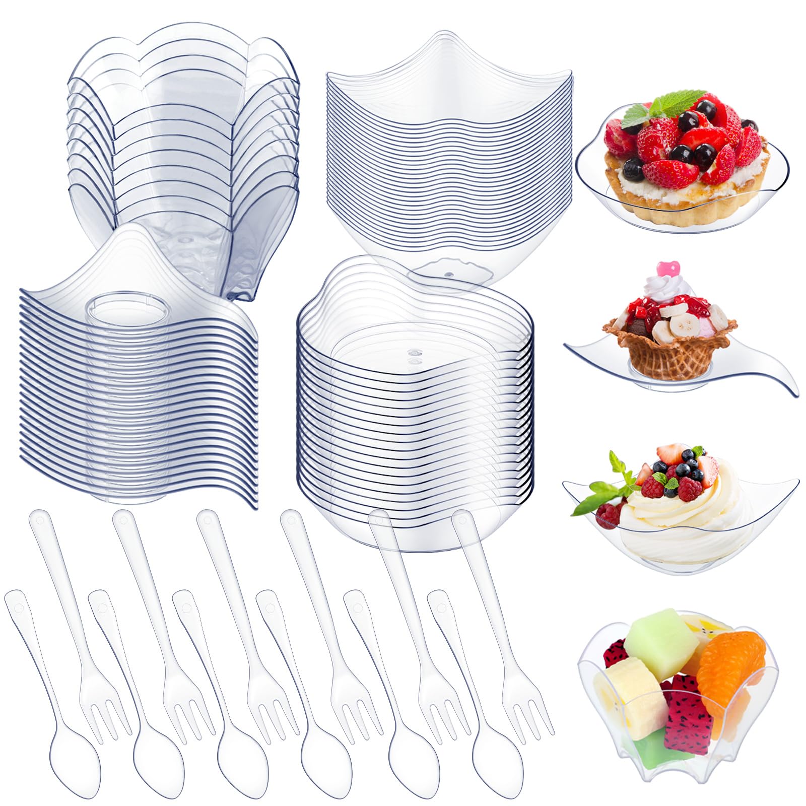 200 Pcs Clear Modern Mini Appetizer Plates with Disposable Spoons & Forks - Small Plastic Dessert Bowls & Individual Serving Trays for Parties, Weddings, Baby Showers & Catering Events