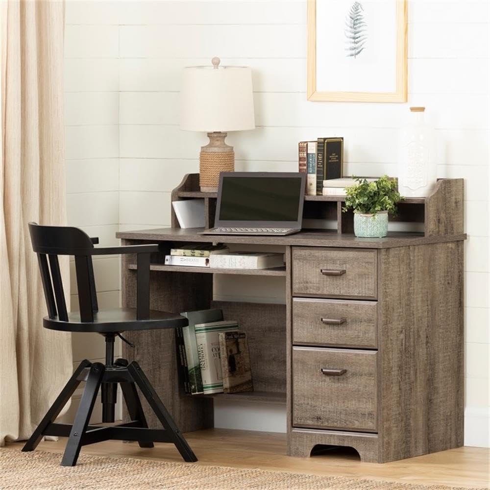 South Shore Versa Weathered Oak Desk with Gray Eiffel Style Chair - Modern Home Office Furniture Set for Small Spaces | Study Desk & Chair Combo for Students & Professionals