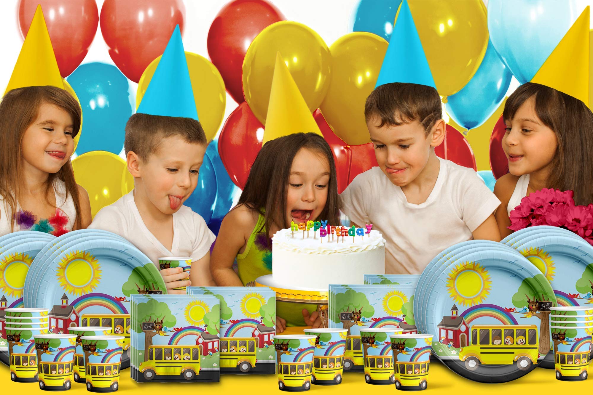 School Bus Themed Birthday Party Supplies Set - 16-Piece Tableware Kit with Plates, Napkins & Cups for Kids' Birthday Celebrations & School Bus Decorations
