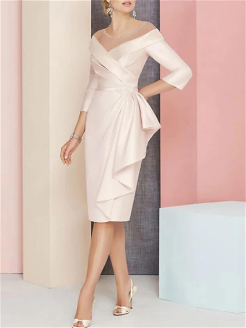 Elegant V-Neck 3/4 Sleeve Formal Wedding Guest Dress for Mother of The Bride - Flattering Ruching Design LS025 | Perfect for Weddings, Parties & Special Occasions