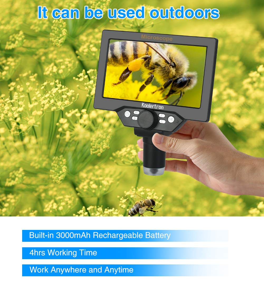 Koolertron 7 Inch LCD Digital Microscope - 12MP 1080P Magnification 1-1200X with 8 LED Lights & Rechargeable Battery - Ideal for PCB Soldering, Coin Collecting, Rock/Insect Observation, Watch Repair & Hobbyist Use
