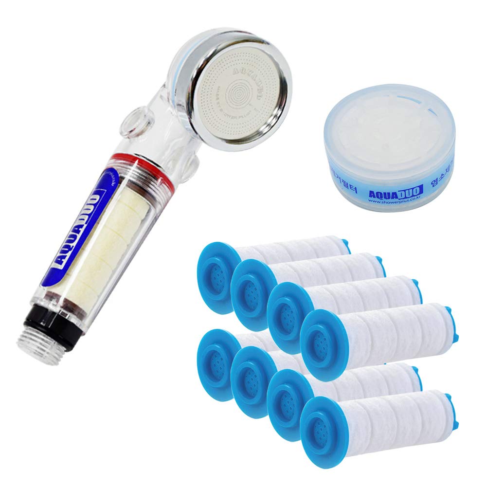 AquaDuo Ionic Filtered Portable Shower Head for Travel - 2 Replacement Filters Included - Removes Fluoride & Chlorine - Compact Size (1 Year Supply) | Perfect for Camping, RV Trips & International Travel