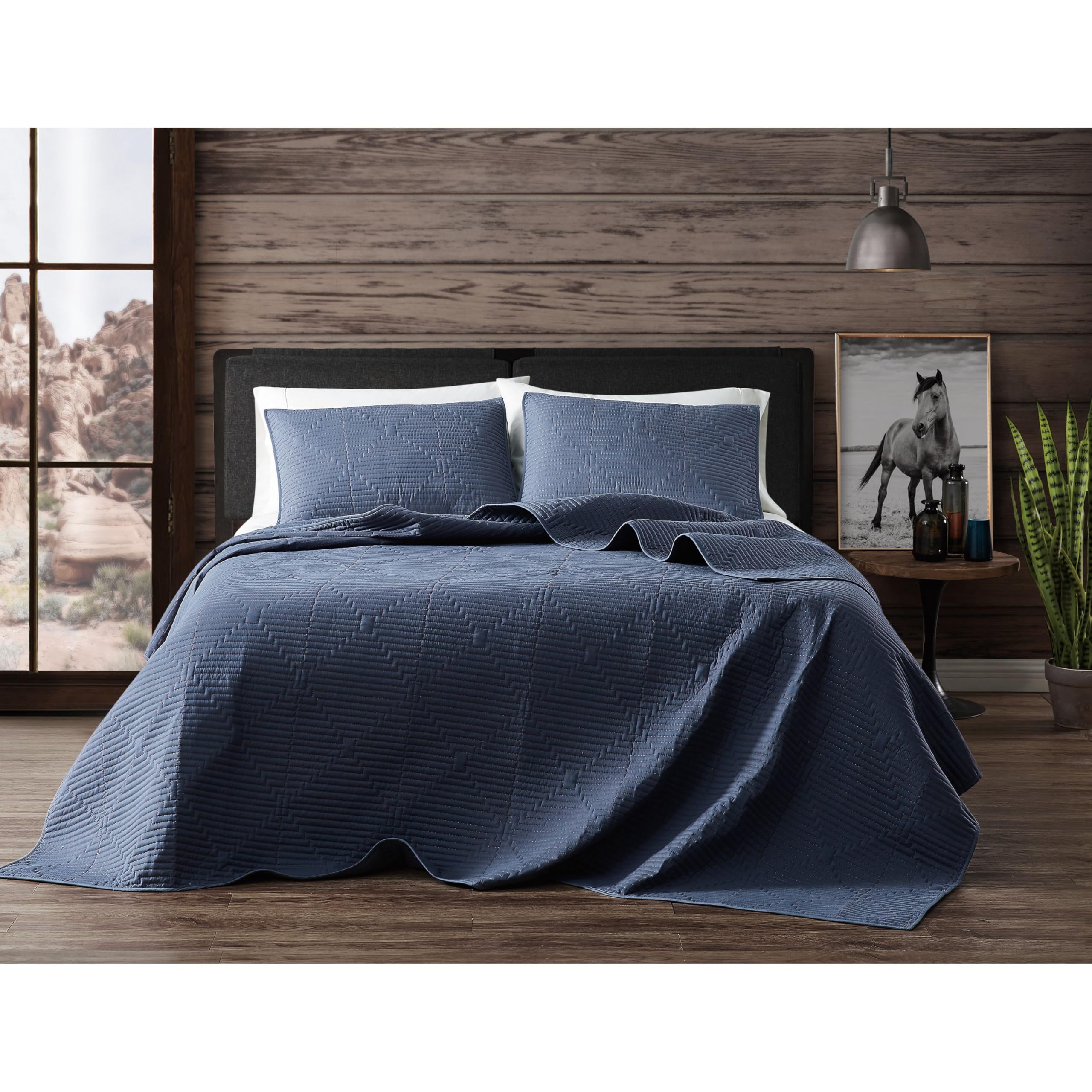 FRYE Ray Pick Stitch Embroidered Blue 3-Piece Full/Queen Quilt Set - Luxury Bedding for Cozy Bedrooms & Guest Rooms