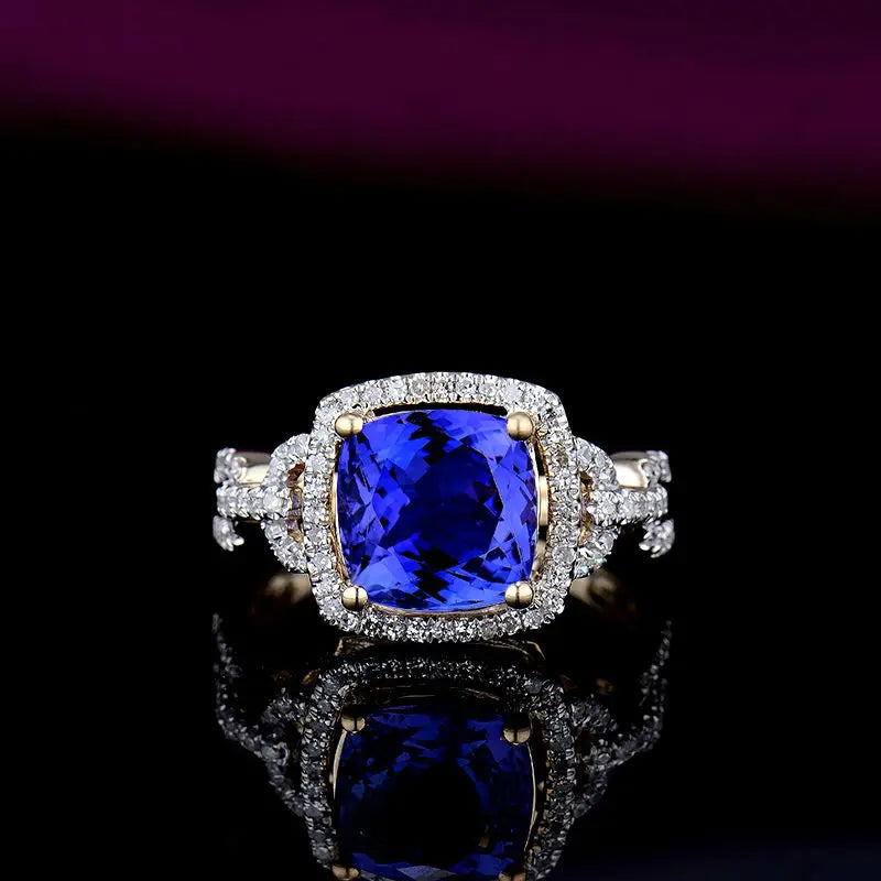 Vintage 14K Yellow Gold Cushion Cut Tanzanite & Diamond Wedding Ring for Women - Elegant Bridal Jewelry, Engagement Ring, Anniversary Gift for Her