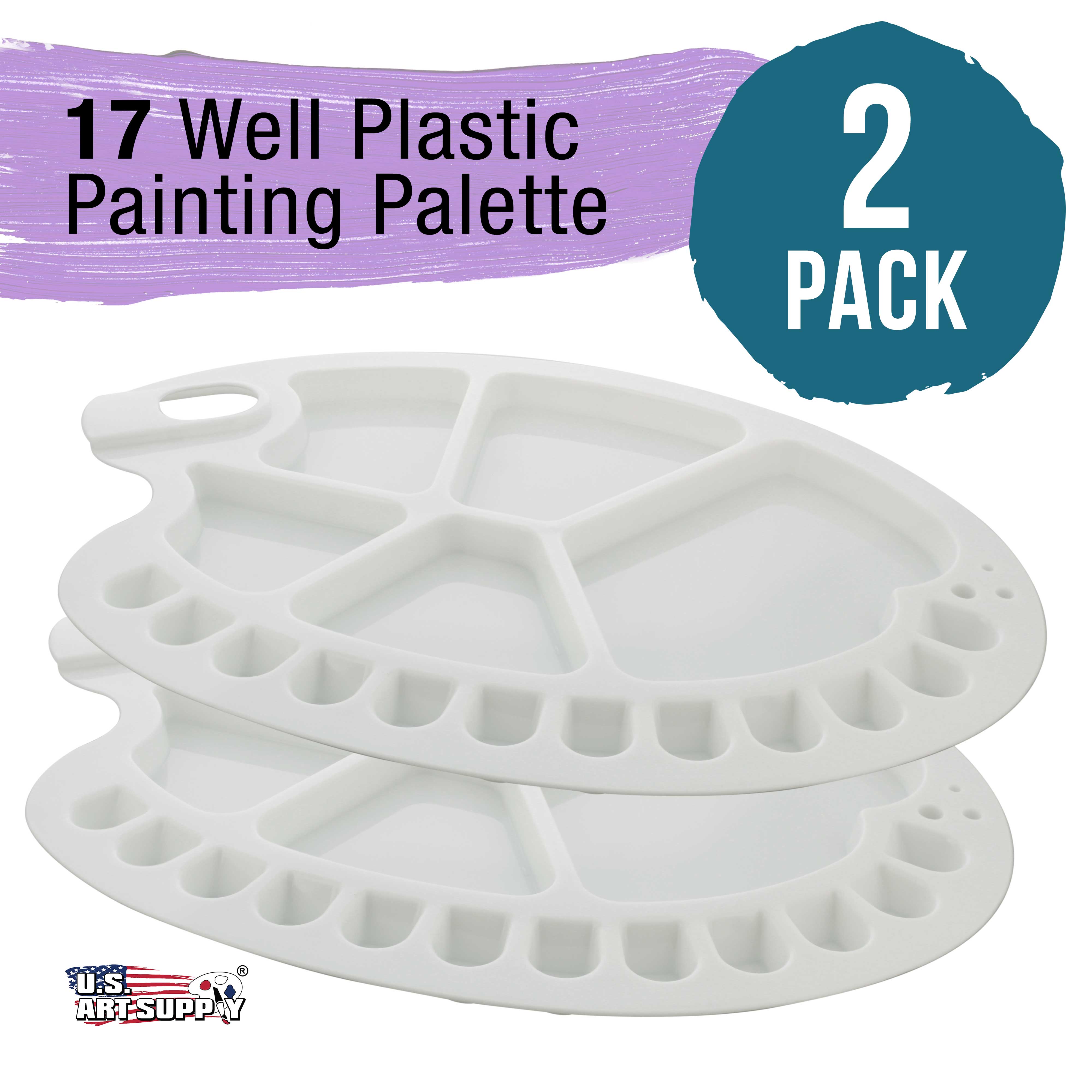 17-Well Plastic Artist Painting Palette with Thumb Hole - Non Stick, Easy Clean, Durable for Watercolor, Oil & Acrylic Paint - Perfect for DIY Crafts, Art Classes & Professional Studios (Pack of 2)