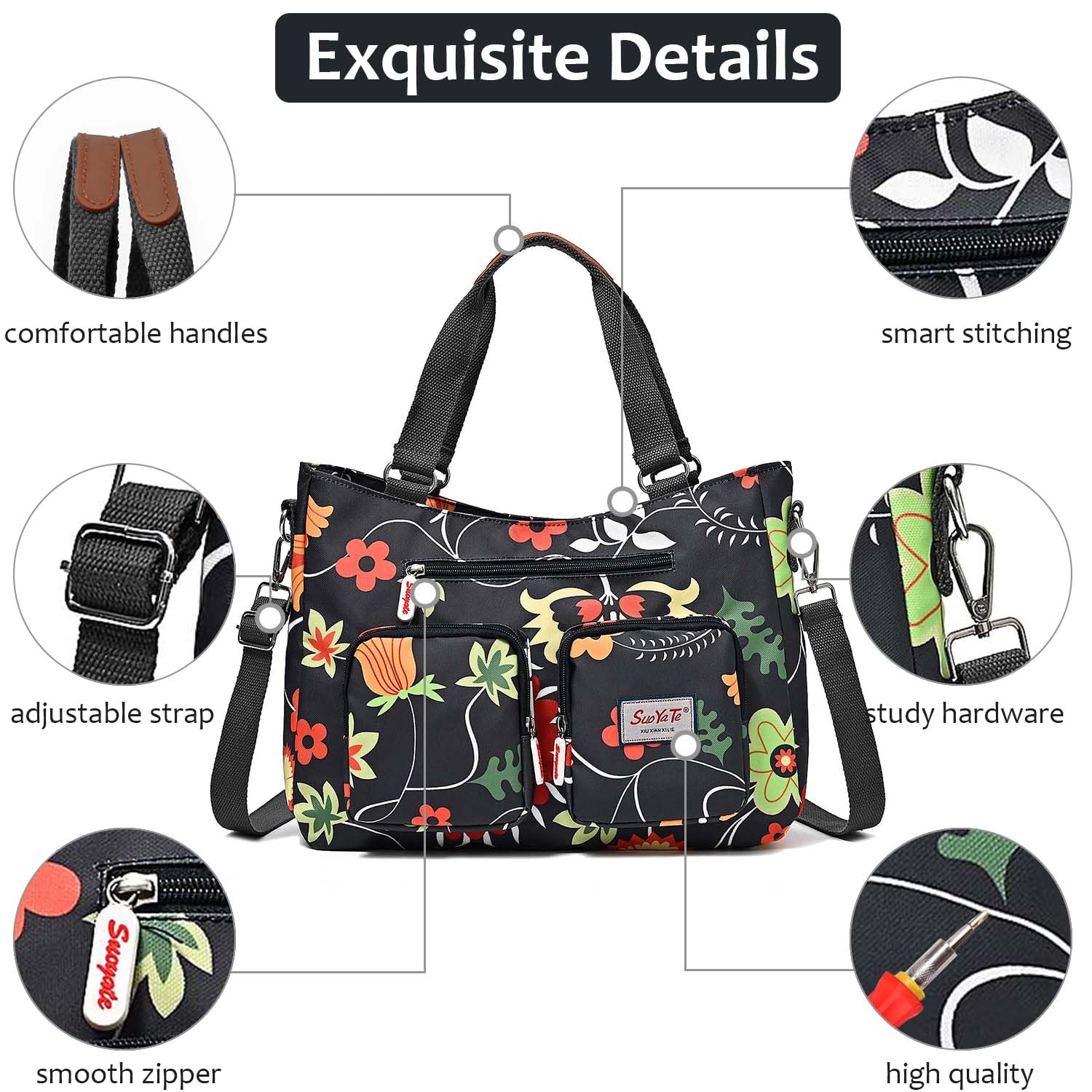 Women's Waterproof Nylon Utility Tote Bag - Multi-Pocket Work Shoulder Bag for Teachers, Nurses & Professionals | Perfect for Office, Hospital & Daily Commute