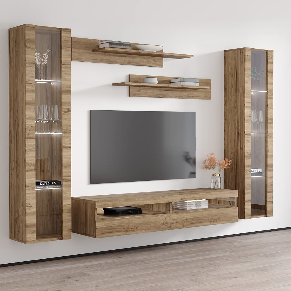 Modern Floating TV Stand with Storage & LED Lights - Wall-Mounted Entertainment Center for Bedroom & Living Room - Oak Wood TV Console with Shelves - Perfect for Small Spaces & Home Theater Setup