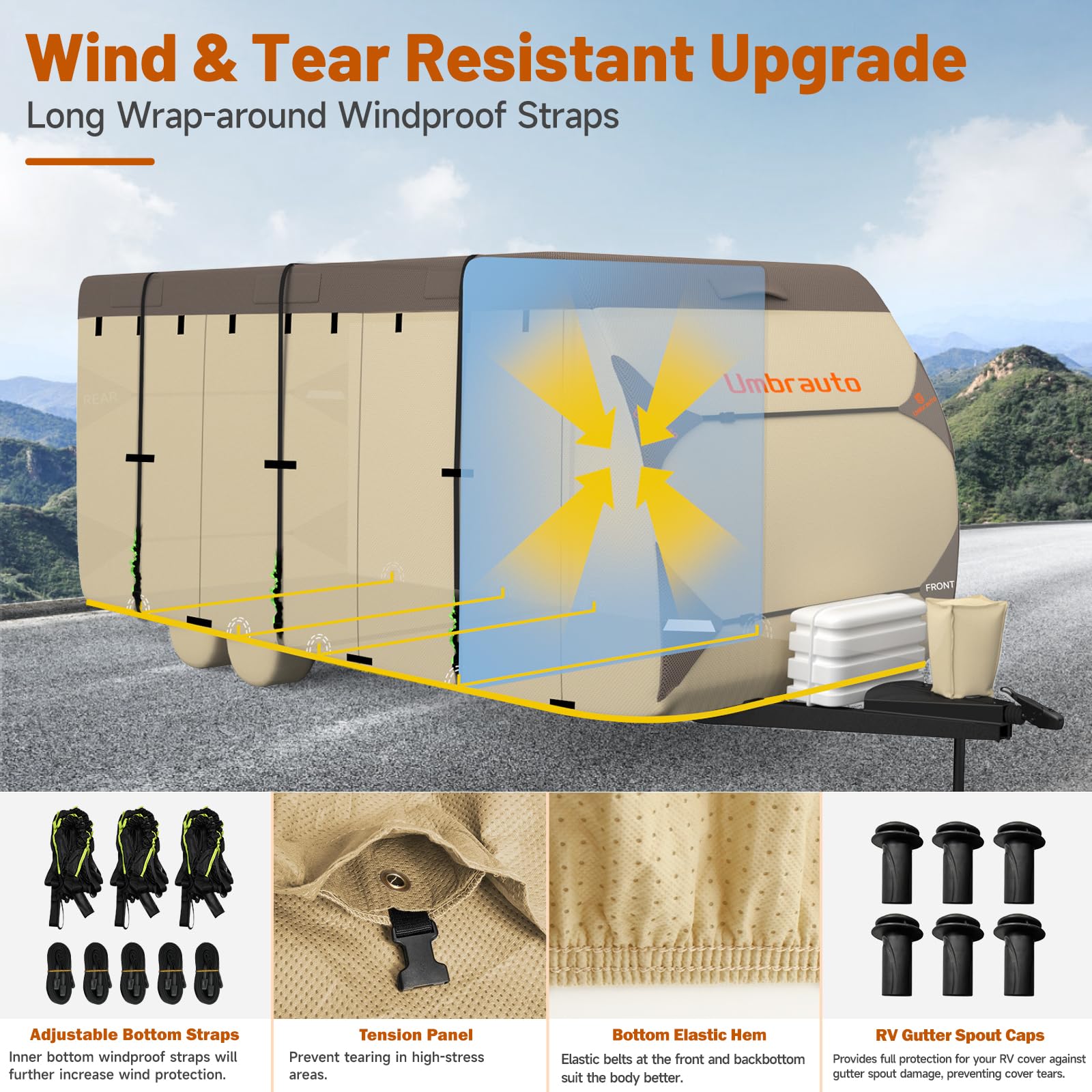 **Umbrauto Heavy Duty 7-Layer RV Travel Trailer Cover – Waterproof, Windproof Camper Cover for 35'-38' Trailers (Includes 4 Tire Covers, Tongue Jack Cover, Gutter Cover & 3 Extra Windproof Straps) – Perfect for Outdoor Storage & Winter Protection**