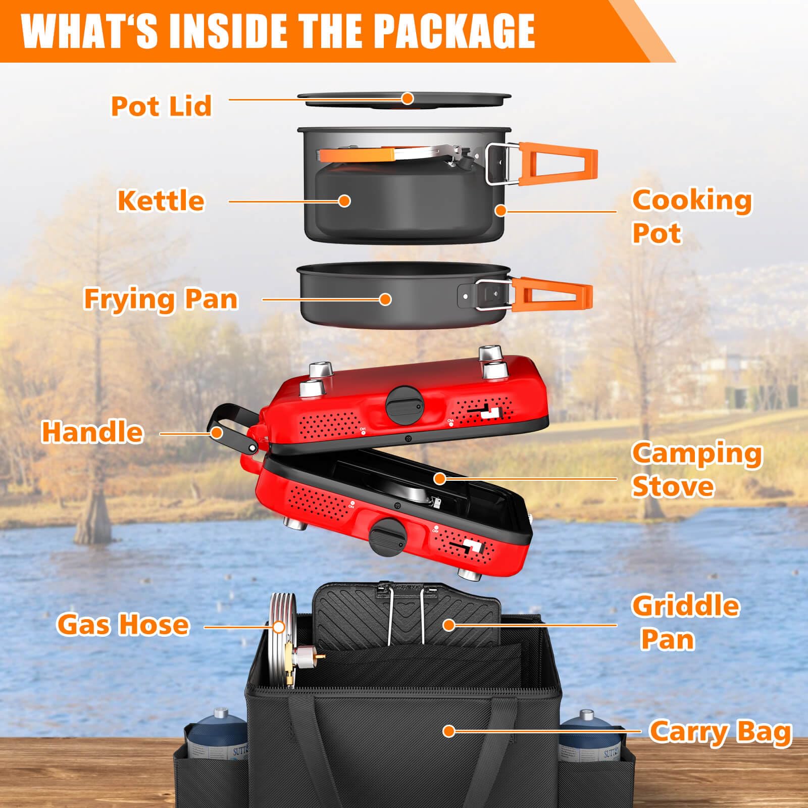 Portable 2 Burner Camping Stove Set with Cookware - 20,000 BTU High Output Outdoor Gas Stove Kit Includes Folding Stove, Frying Pan, Griddle, Kettle, Pot & Carry Bag - Compatible with Propane & Butane - Perfect for Camping, Hiking, Backpacking & Picnics