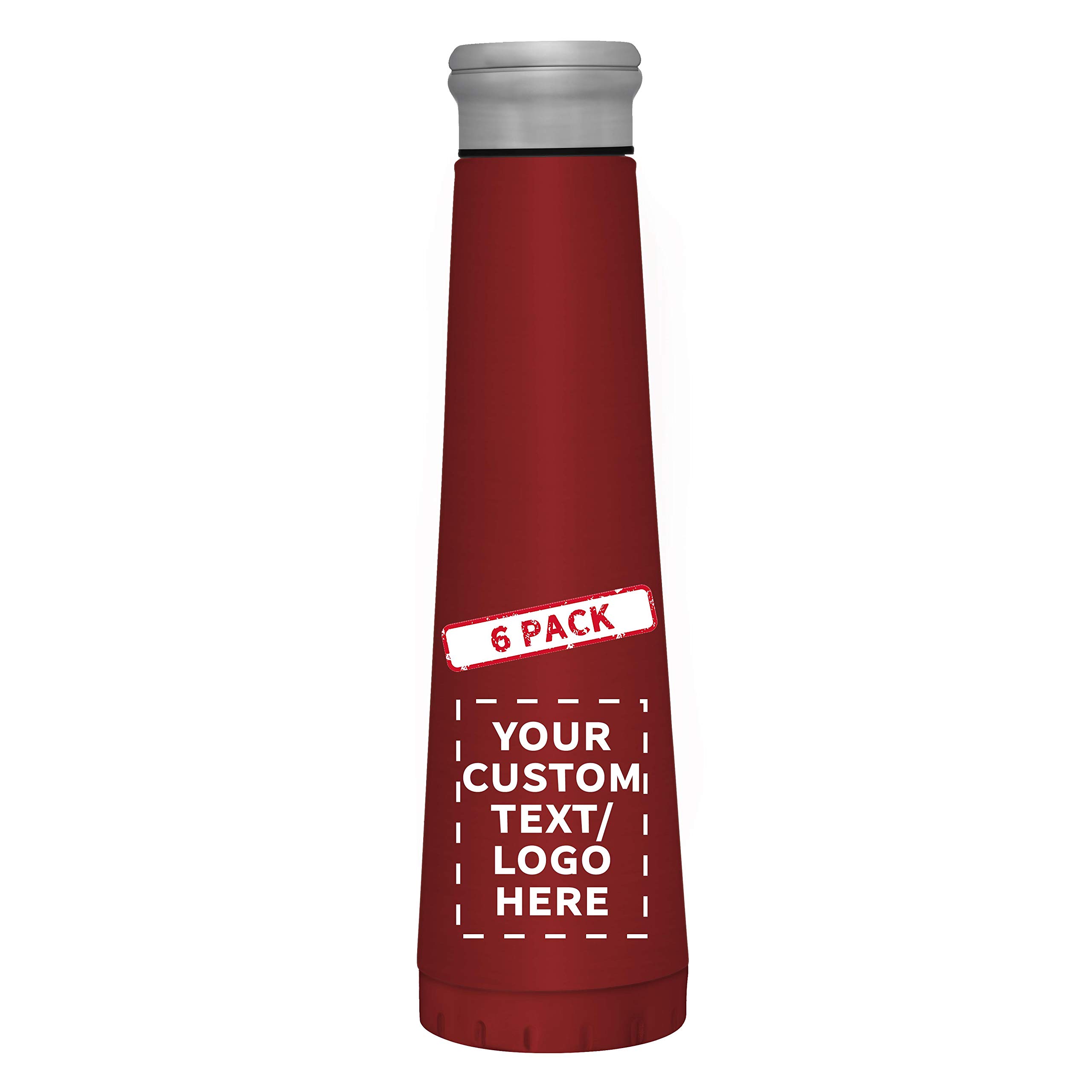 6-Pack 16 oz Vacuum Insulated Water Bottles - Custom Text & Logo - Double Wall Stainless Steel, BPA Free - Red - Perfect for Gym, Hiking, Office & Outdoor Activities