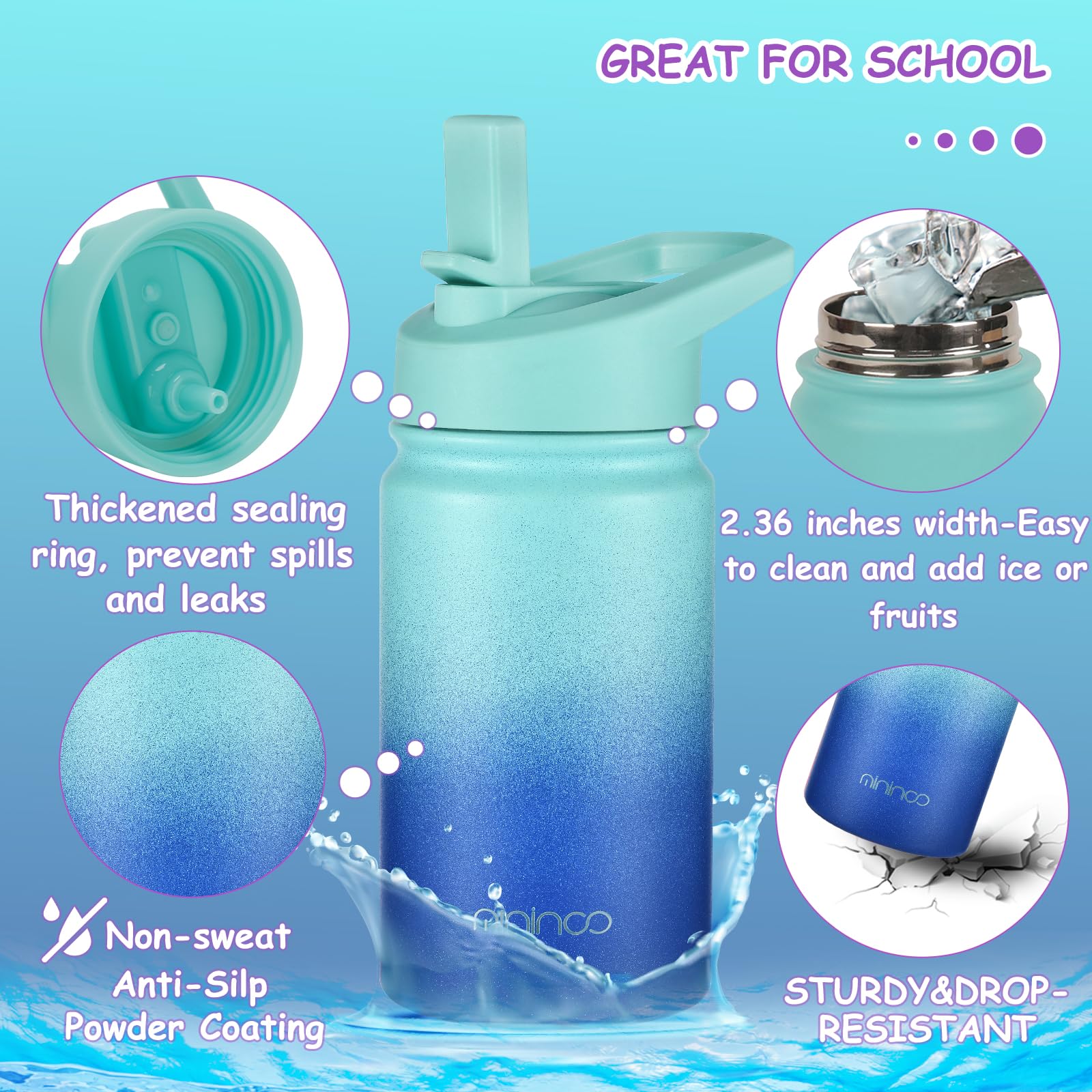 Mininoo 12oz Insulated Kids Water Bottle - Stainless Steel with Straw & Chug Lid for School & Outdoor