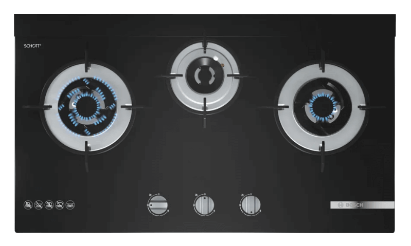 Bosch PMD83D31AX 78cm 3 Burner Tempered Glass Gas Hob Series 4 (Black) - Premium Stainless Steel Gas Cooktop for Modern Kitchens, Perfect for Home Cooking & Entertaining