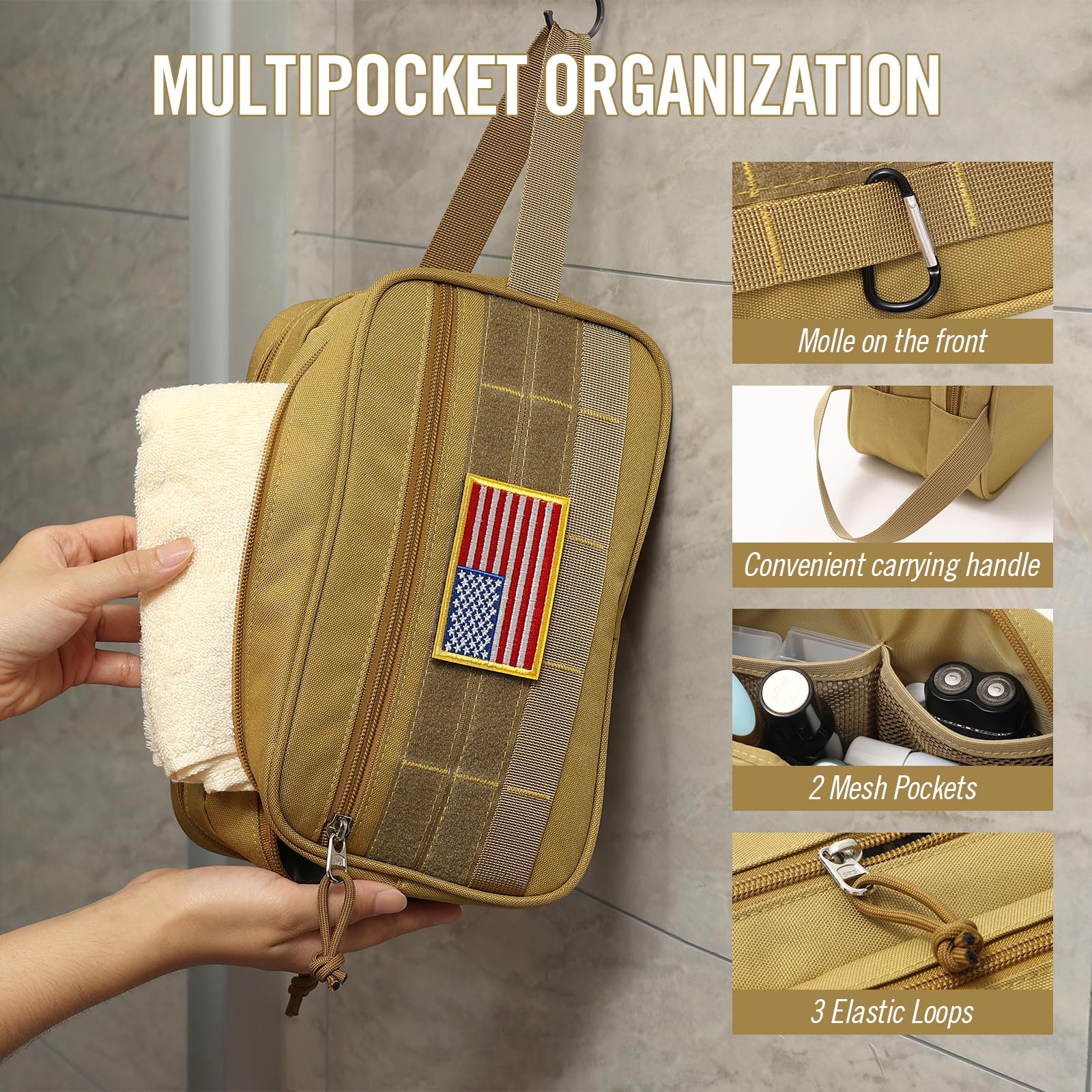3-Layer Water-Resistant Travel Toiletry Bag for Men & Women - Dry/Wet Separate Shaving Dopp Kit with MOLLE System (Brown) | Perfect for Camping, Gym, Business Trips & Airplane Carry-On
