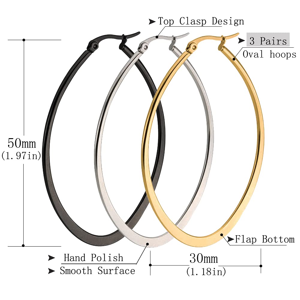 3 Pairs Geometric Hoop Earrings for Women - Hypoallergenic Stainless Steel Earrings Set in Gold, Silver, Black & Rose Gold - Perfect for Parties, Work & Everyday Wear