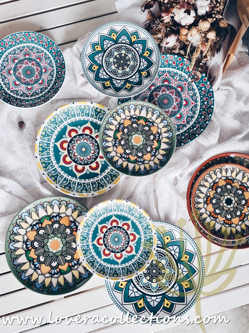 Mandala Green & White Salad Plate Set - Elegant Hand-Painted Ceramic Dinnerware for Home & Restaurant Use - Perfect for Salads, Appetizers, Desserts & Party Serving