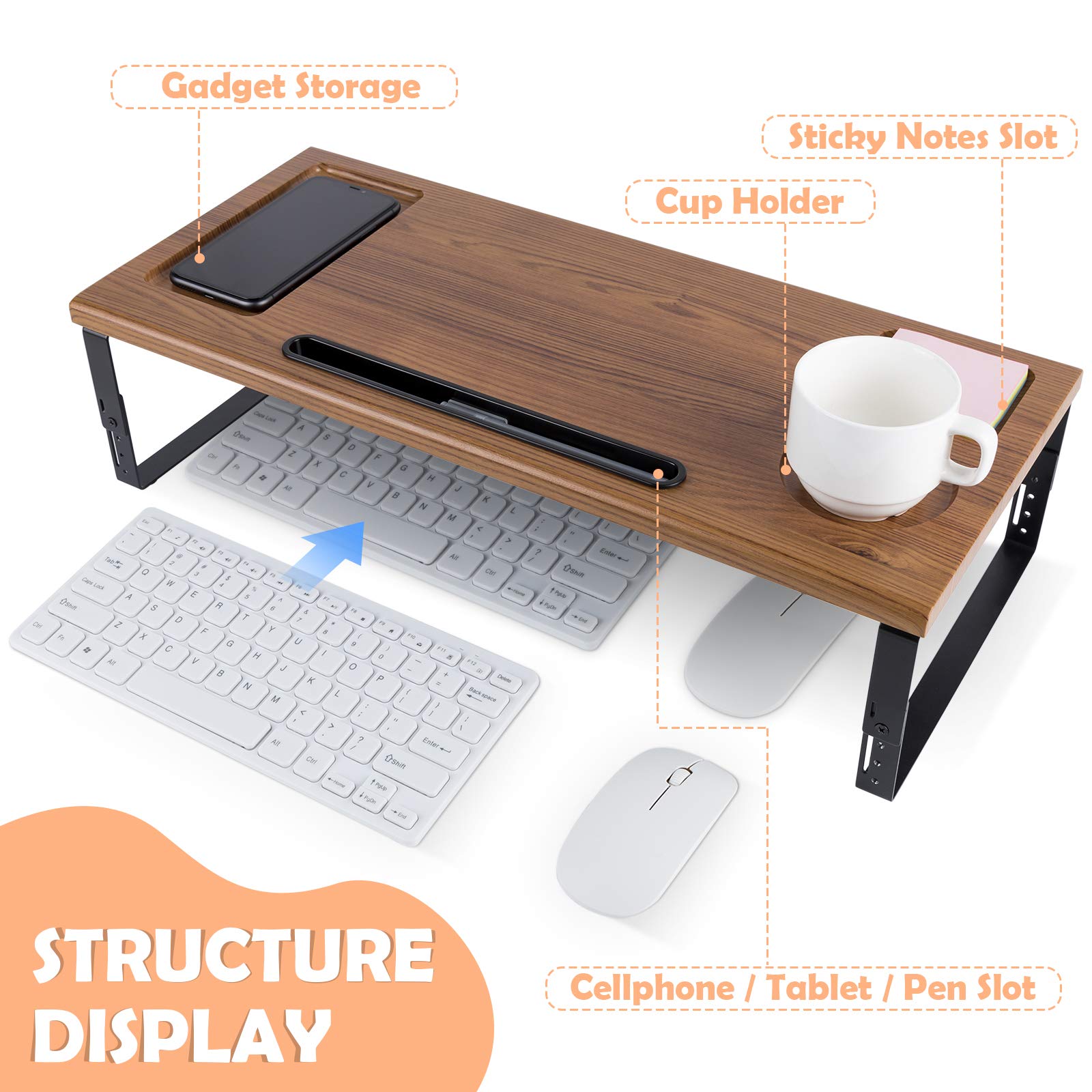 Premium Adjustable Monitor Stand Riser - Ergonomic Metal & Wood Desktop Organizer with Phone/Tablet Holder - Supports Heavy Monitors, Laptops & Printers - Perfect for Home Office & Workspace Organization (Wood Finish)