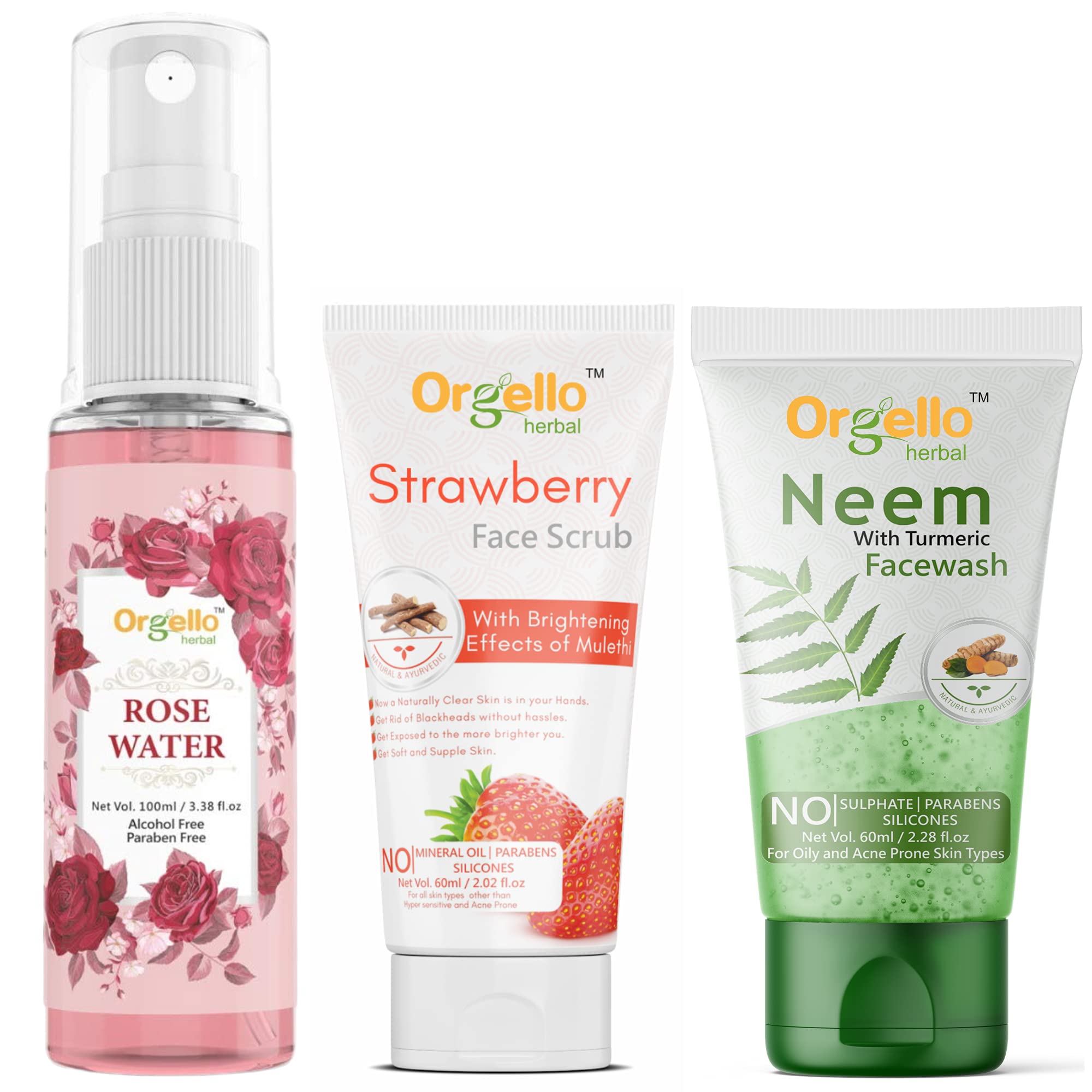 Orgello Strawberry Face Scrub, Rose Water Toner Spray, Neem & Turmeric Face Wash Set - 3 Piece Skincare Kit for Men & Women (60ml Scrub, 100ml Toner, 60ml Cleanser) - Perfect for Daily Cleansing, Exfoliating & Hydrating Skin Care Routine