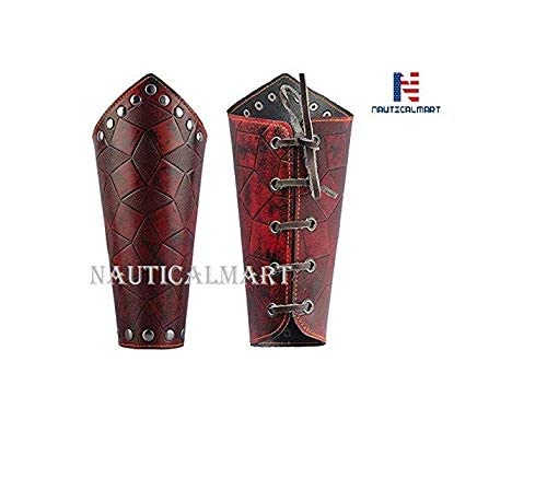 Medieval Leather Gauntlets for Men & Women - Punk Armor Bracer Wrist Cuffs - Red - Perfect for LARP, Cosplay, Renaissance Fairs & Halloween Costumes